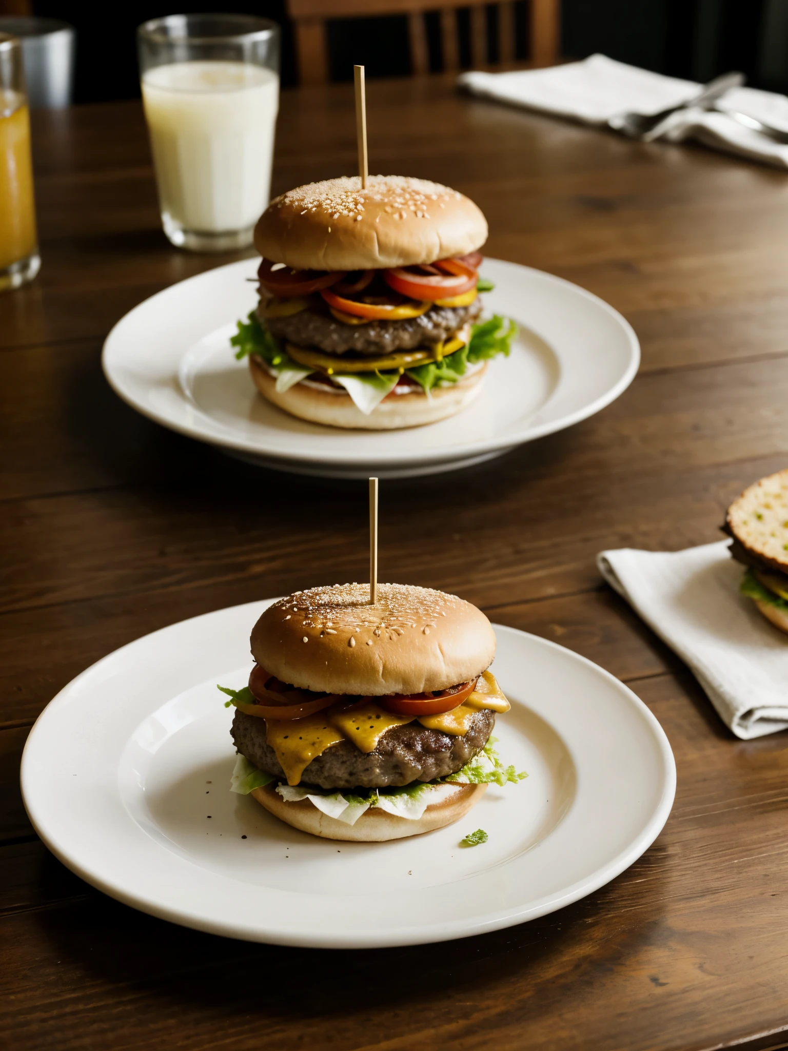 Macro photo of a delicious hamburger on a wooden table in a rustic and sophisticated restaurant, food photograph, advertising photography, sharp macro quality, warm colors, Luz tenue, Extremadamente detallado, Hermoso, establecimiento de tiro, artistic, Hyper realistic, renderizado de octanaje, cinematic lighting, dramatic lighting, obra maestra, luz flagrante, Extremadamente detallado