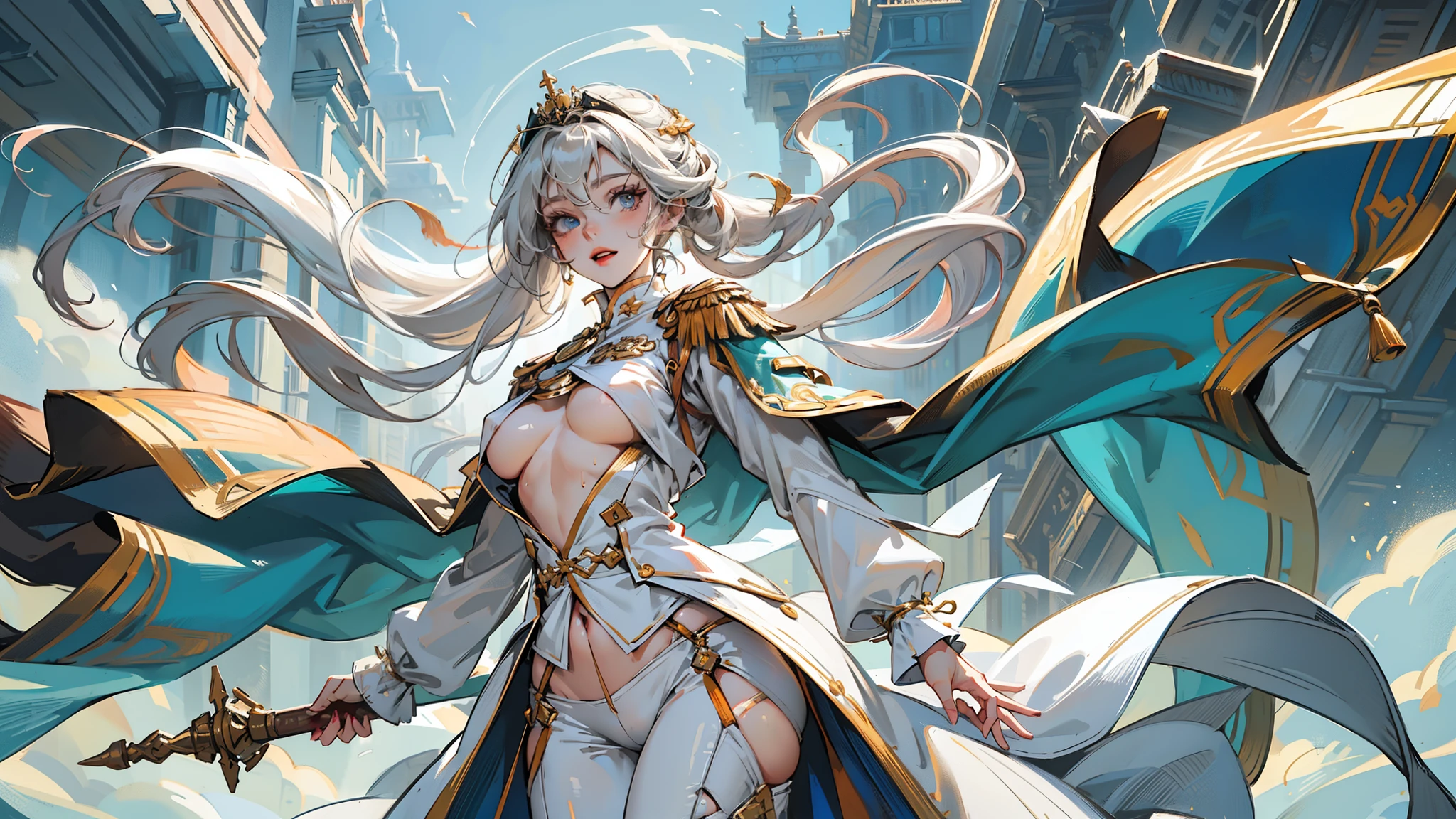 1woman,solo, 23 years old,bit girl , (((underboob))),medium breasts, Thin waist,long leges,Raised sexy,Pornographic exposure, solo,Beauty contests,standing on your feet(Background with:the sea,snow mountains,warships,at winter season,Blizzarding,Big snowflakes)On warships, with his long white hair,Long hair flutters in the wind,dynamicposes,Sweat profusely,drenched all over the body,seen from the front, hair straight, mostly cloudy sky,(((tmasterpiece),(Very detailed CG unity 8K wallpaper),best qualtiy,cinmatic lighting,detailed back ground,beatiful detailed eyes,Bright pupils,(Very fine and beautiful),(Beautiful and detailed eye description),Blue eyes,Redlip,ultra - detailed,tmasterpiece,)),facing at camera,(The upper part of the body),A high resolution,ultra - detailed),revealing breasts,Bare genitalia, Bulge,legs are open,sexyposture,Camel toes,Flushed complexion,Open-mouthed,frontage,Tsarist Russian officer,Officer's cap,elementary student(Wearing:White cloak,down jacket,White winter officer uniform,Sexy leggings,Armour,Gold wire embroidery,Snowflake decoration)