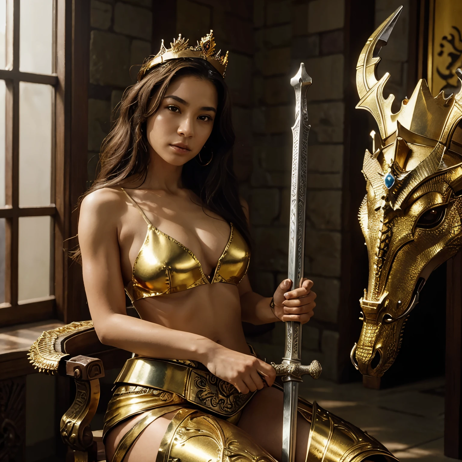 Rei moreno com uma pele linda e cabelo cacheado, with a golden crown with dragon details, sentado em um trono de carvalho, holding a sword with a dragon hilt.