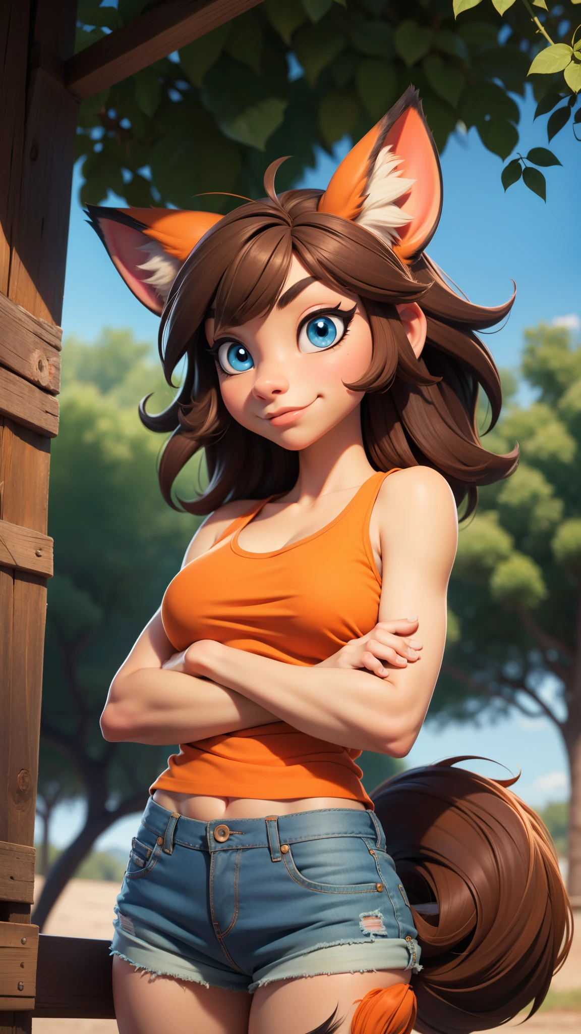 (1girl, solo, fox), highly insanely detailed, masterpiece, top quality, best quality, highres, 4k, 8k, RAW photo),((Cowboy shot)),((Paw pose)),From the front, symmetrical composition,smile,cute,Innocent,Kind eyes,(Tsukasa Hojo Style),forest,(willa), standing, hair tie, hair flower, sleeveless brown dress