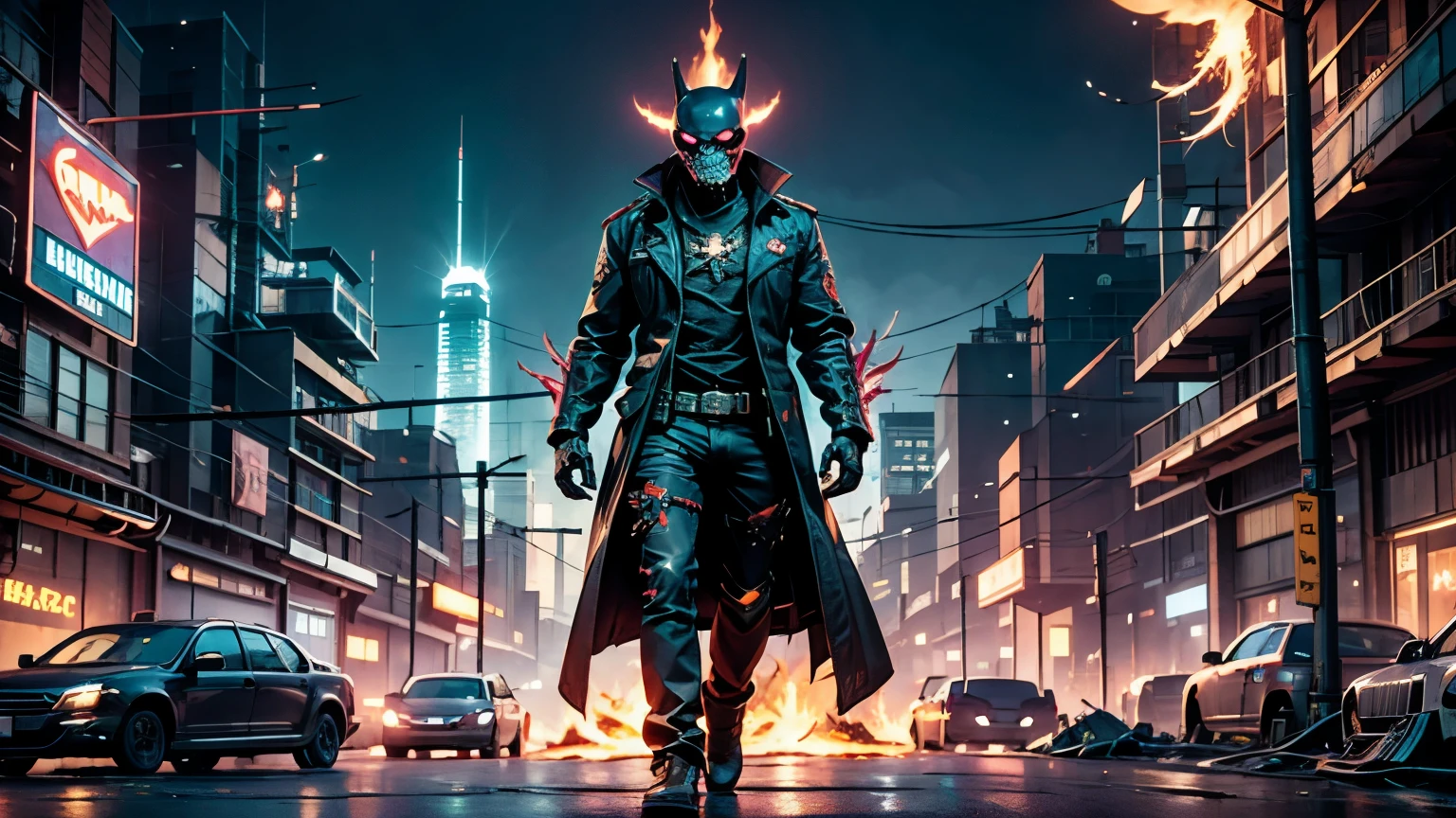 supervillain,Destroy the world,background world destruction,vicious facial expression,Roar loudly,impressive,Wide-angle lens,full body picture,Fire in the background,