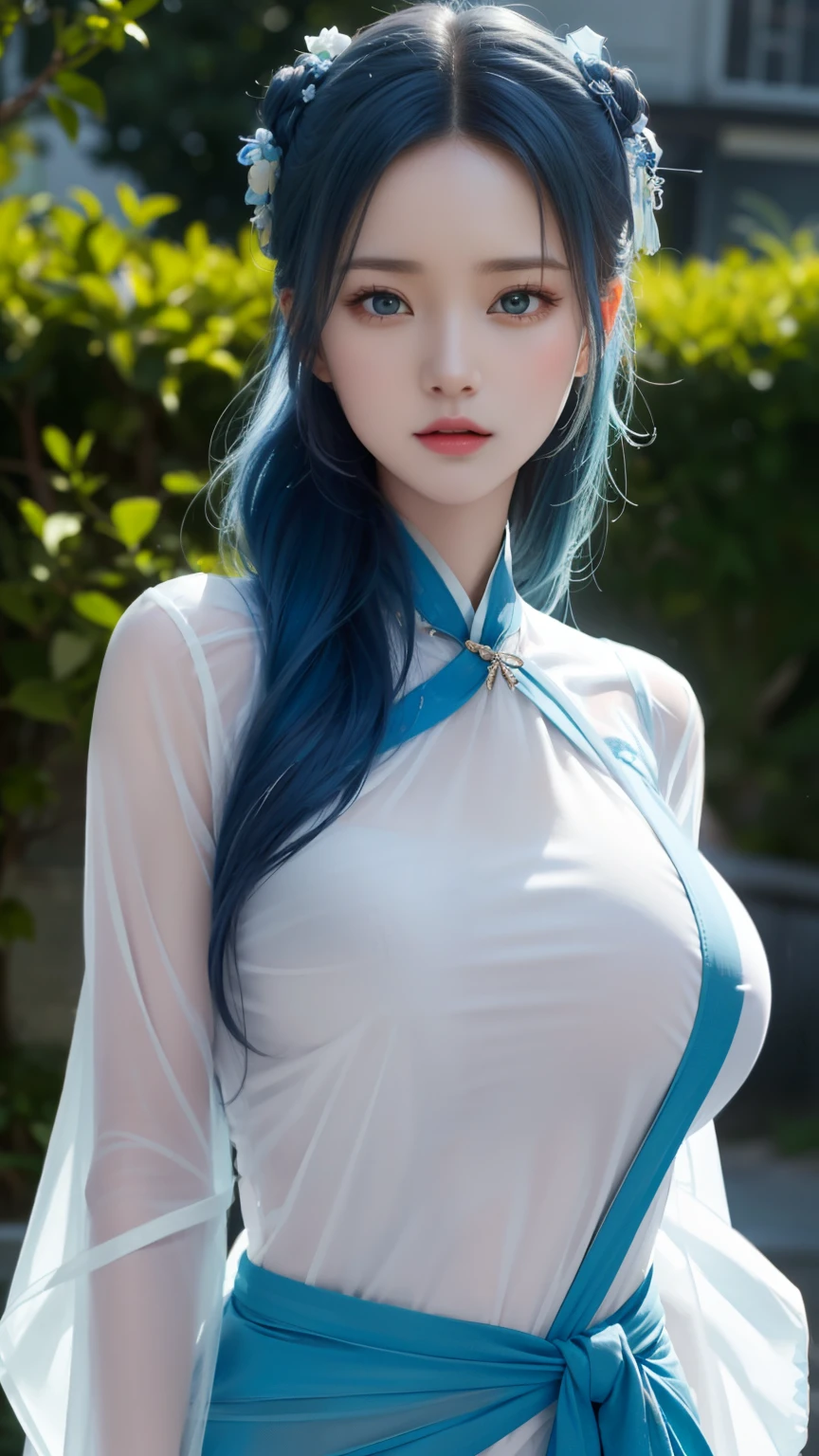(surreal), (illustration), (High resolution), (8K), (Very detailed), (最佳illustration), (beautiful and delicate eyes), (best quality), (super detailed), (masterpiece), (wallpaper), (lifelike), (Natural light), (edge lighting), (Detailed face), (高度细致lifelike的皮肤纹理), (anatomically correct), (alone), (1 girl), (高细节lifelike的头发), (blue hair:1.2), spiky hair, (heterochromatic eyes), (Delicate green eyes),, (realistic big breasts:1.5), (exposed breasts:1.3), (long legs), (slim abs), (dynamic poses), (shut your mouth:1.3), (traditional hanfu),（The clothes were blown to both sides by the wind:1.3） (transparent clothes:1.5), National Science Foundation,exposing her breasts、show breasts，big breasts ，big breasts，The areola looms，