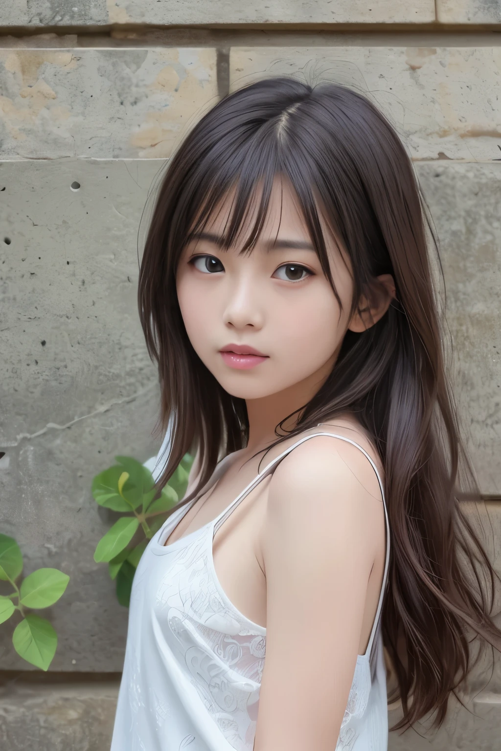 (8k、highest quality、master piece:1.2)、(real、photorealistic:1.37)、Super detailed、1 girl、cute、solo、beautiful detailed sky、date、(blush)、(smile:1.15)、(closed mouth)small breasts、beautiful detailed eyes、(long hair: 1.2)、floating hair nova frog style、Upper body、Tank top