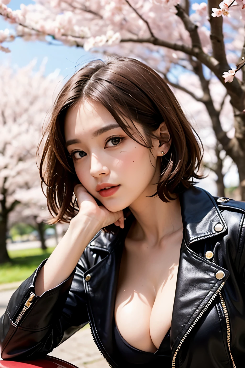 ((highest quality)), ((masterpiece)), (be familiar with), perfect face, double eyelid, (beautiful eyes, Big eyes), color contacts, (brown eyes:1.2), short hair, brown hair, black leather jacket, beautiful breasts, (exposing cleavage), ((A park with many cherry blossom trees)), (sitting), cherry tree in the background, (Angle from below), (looking at the camera)