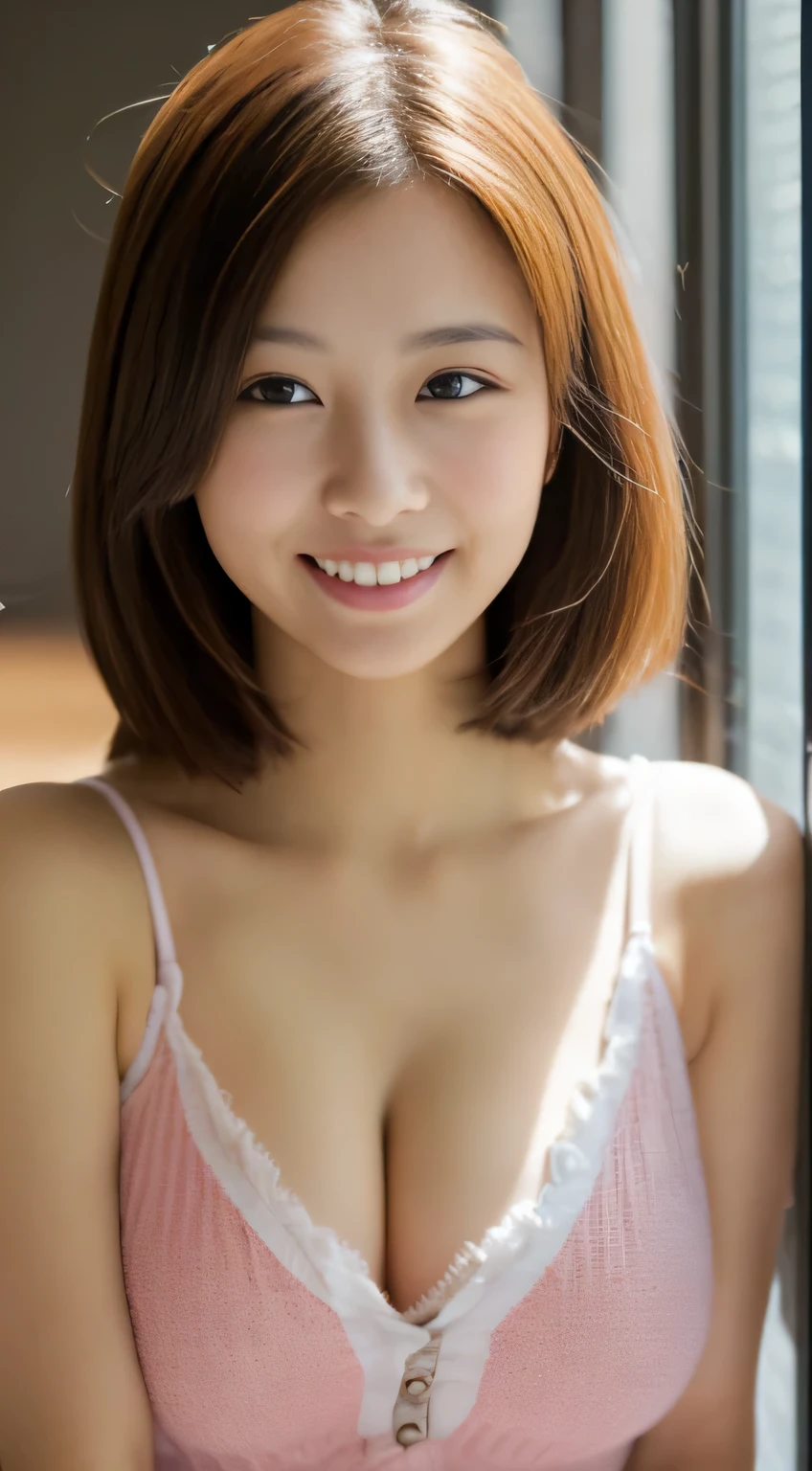 masterpiece,best quality,(Japanese ),((Beautiful girl)),cleavage,indoor,(perfect body beauty:1.2),(shy smile),beautiful teeth,