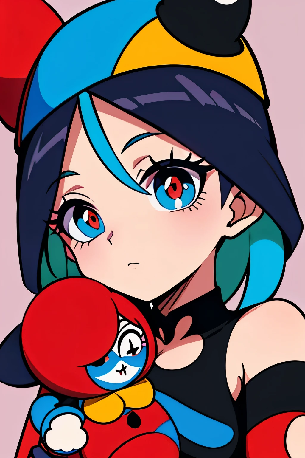 little doll harlequin chibi cartoon, de pelo corto de color cafe, de franjas rojo y azul con cara redonda y blanca y ojos enormes de iris rojo y azul como caramelos, guantes amarillos, traje pomposo de lineas rojo y azul,  con delineado negro y gorro de dormir de dos puntas a cada lado y cascabeles en el gorro arlequin, de cuerpo completo