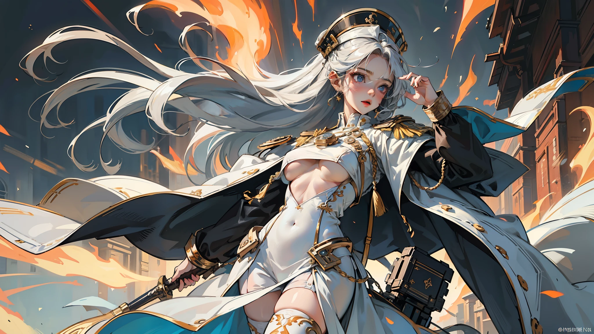 1woman,solo, 23 years old,bit girl , (((underboob))),medium breasts, Thin waist,long leges,Raised sexy,Pornographic exposure, solo,Beauty contests,standing on your feet(Background with:the sea,snow mountains,warships,at winter season,Blizzarding,Big snowflakes)On warships, with his long white hair,Long hair flutters in the wind,dynamicposes,Sweat profusely,drenched all over the body,seen from the front, hair straight, mostly cloudy sky,(((tmasterpiece),(Very detailed CG unity 8K wallpaper),best qualtiy,cinmatic lighting,detailed back ground,beatiful detailed eyes,Bright pupils,(Very fine and beautiful),(Beautiful and detailed eye description),Blue eyes,Redlip,ultra - detailed,tmasterpiece,)),facing at camera,(The upper part of the body),A high resolution,ultra - detailed),revealing breasts,Bare genitalia, Bulge,legs are open,sexyposture,Camel toes,Flushed complexion,Open-mouthed,frontage,Tsarist Russian officer,Officer's cap,elementary student(Wearing:White cloak,down jacket,White winter officer uniform,Sexy leggings,Armour,Gold wire embroidery,Snowflake decoration)