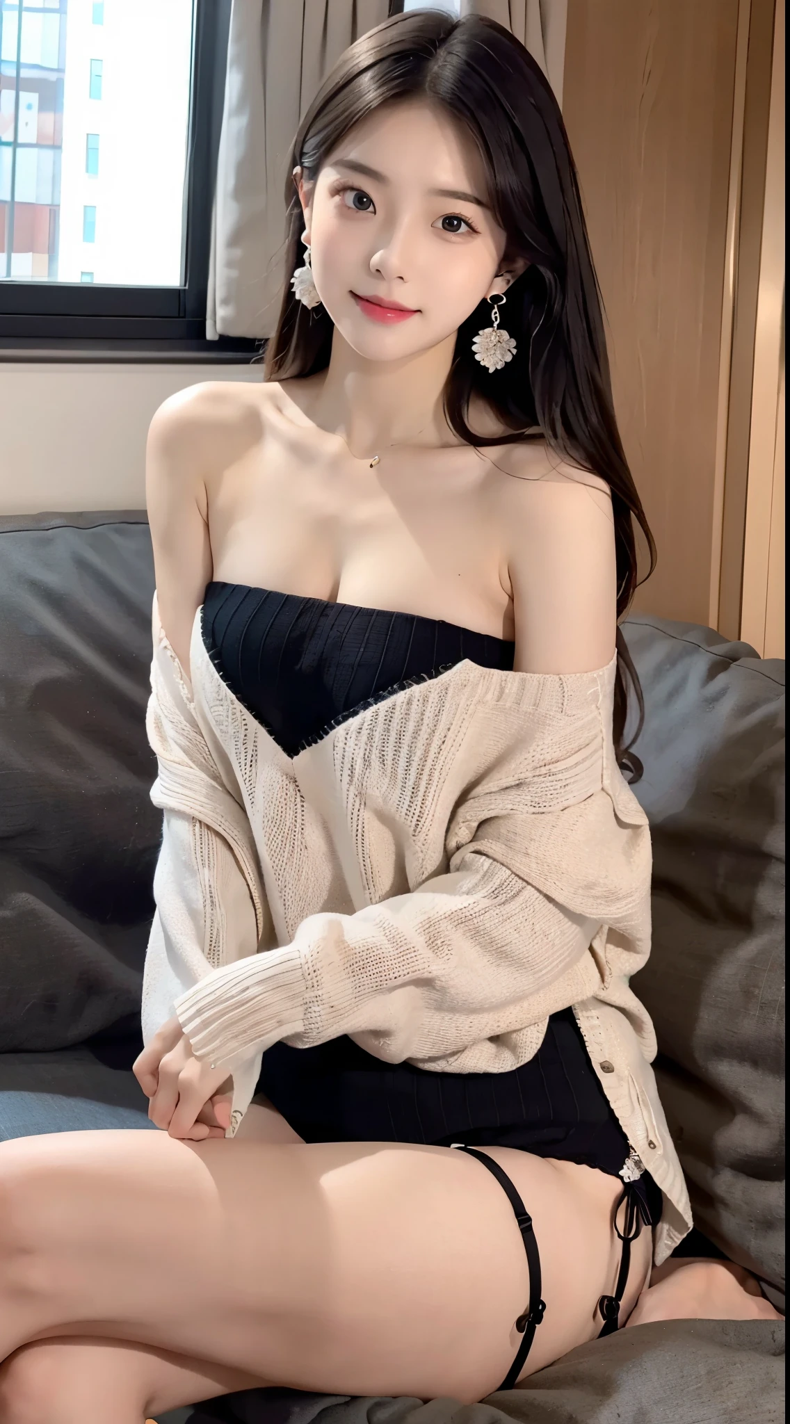 1 girl、-yeld fee、Beautie、A dark-haired、garments(Black strapless-shoulder sweater、Casual enough to see underwear) and very slender figure,,,,,、very slender leganicure、earrings、Pink lip、a picture、lifelike、sexuell、top-quality、adopt、A detailed face、Detailed background、depth of fields、Full-body angle of view、Sitting on the couch with your knees、sexuell、solo、natta