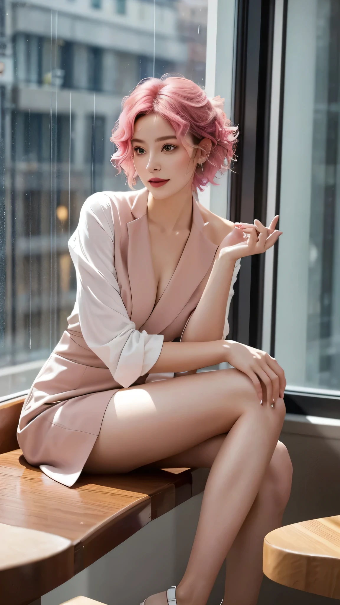 In the cozy atmosphere of the cafe, In the gentle rhythm of rain hitting the windows, sitting a lady,Her hair speaks volumes about her style and professional demeanor. Her short hair is dyed a vibrant pink, Bold statement speaks of her confidence and modern approach to personal expression. The ends of her hair are gently curled, Adds a layer of sophistication and sophistication to vibrant colors. these curls, and a subtle fade at the tips., Create elegant contrast, Highlighting her talent for combining contemporary fashion with professional elegance. Wear clothing appropriate for a working woman, She presents a picture of calm and elegance. Professional attire juxtaposed with playful and stylish hairstyles,Create a vibrant image, Captures the essence of modern professional women,She embraces her career and her personality with equal passion.