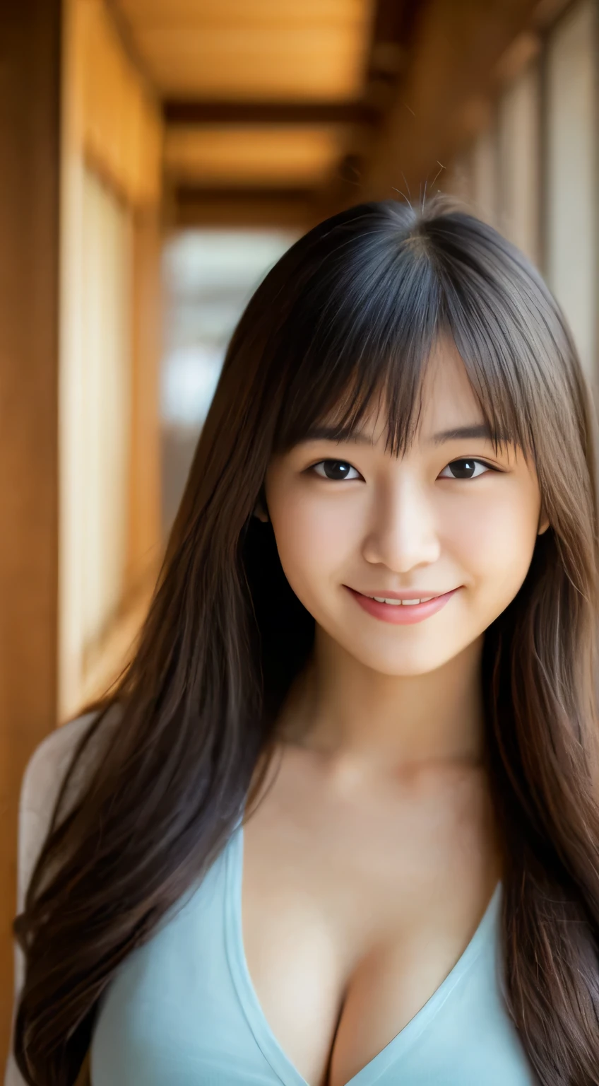 masterpiece,best quality,(Japanese ),((Beautiful girl)),cleavage,indoor,(perfect body beauty:1.2),(shy smile),beautiful teeth,