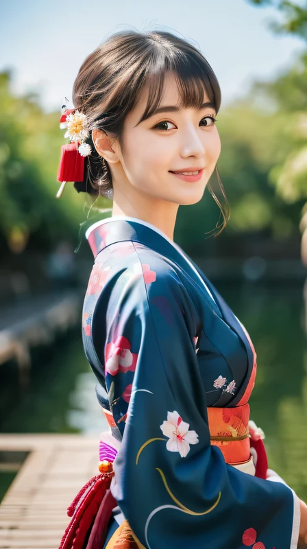 (Raw photo, highest quality)(8K, highest quality, masterpiece: 1.2), Super detailed, super resolution, (realistic, realistic photo: 1.37) Japan, kimono, 20th generation, Happy