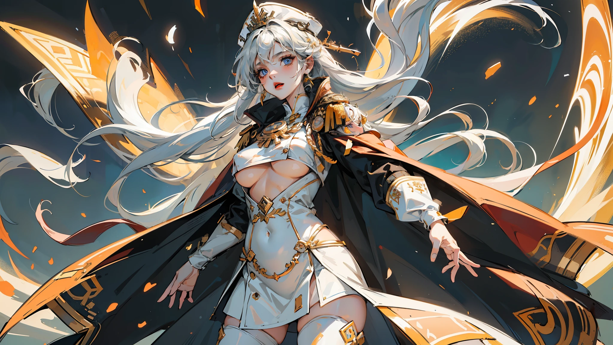 1woman,solo, 23 years old,bit girl , (((underboob))),medium breasts, Thin waist,long leges,Raised sexy,Pornographic exposure, solo,Beauty contests,standing on your feet(Background with:the sea,snow mountains,warships,at winter season,Blizzarding,Big snowflakes)On warships, with his long white hair,Long hair flutters in the wind,dynamicposes,Sweat profusely,drenched all over the body,seen from the front, hair straight, mostly cloudy sky,(((tmasterpiece),(Very detailed CG unity 8K wallpaper),best qualtiy,cinmatic lighting,detailed back ground,beatiful detailed eyes,Bright pupils,(Very fine and beautiful),(Beautiful and detailed eye description),Blue eyes,Redlip,ultra - detailed,tmasterpiece,)),facing at camera,(The upper part of the body),A high resolution,ultra - detailed),revealing breasts,Bare genitalia, Bulge,legs are open,sexyposture,Camel toes,Flushed complexion,Open-mouthed,frontage,Tsarist Russian officer,Officer's cap,elementary student(Wearing:White cloak,down jacket,White winter officer uniform,Sexy leggings,Armour,Gold wire embroidery,Snowflake decoration)