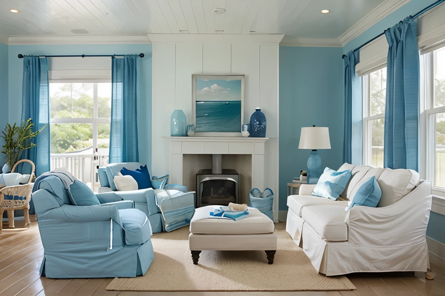 Coastal Retreat: Nautical elements, shades of blue, and airy fabrics evoke a seaside getaway, perfect for rainy weather contemplation.