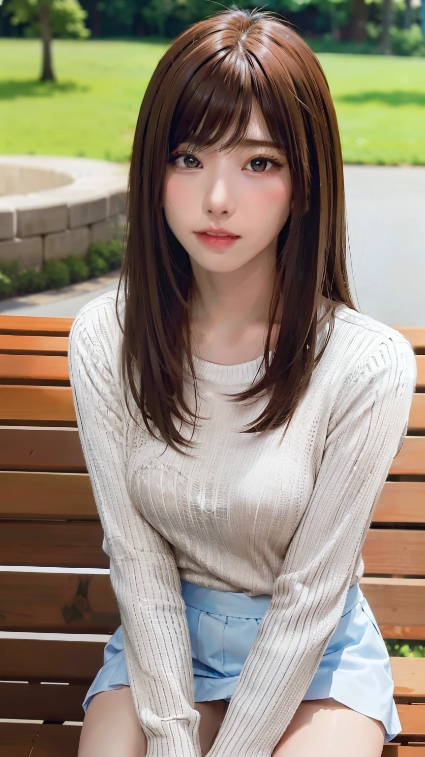 (1girl:1.3), sexy pose, slim body,
(photorealistic:1.4), (masterpiece, top quality, best quality, official art), extreme detailed, highest detailed, (ultra-detailed), ((an extremely delicate and beautiful)), cinematic light, (realisticlying:1.3),
(highdetailskin:1.2), high resolution, 8K UHD, 4K, 8K, Bokeh,
digital SLR camera, absurderes, Optimal proportions of four fingers and one thumb,
in the park with trees,sitting on bench,
((silky long hair)), (brown hair), tears,
beautiful face, perfect face, highly detailed beautiful face,
Cute, shy,blush,
dynamic angle, from above,looking at viewer,
wearing brown sweater,skirt