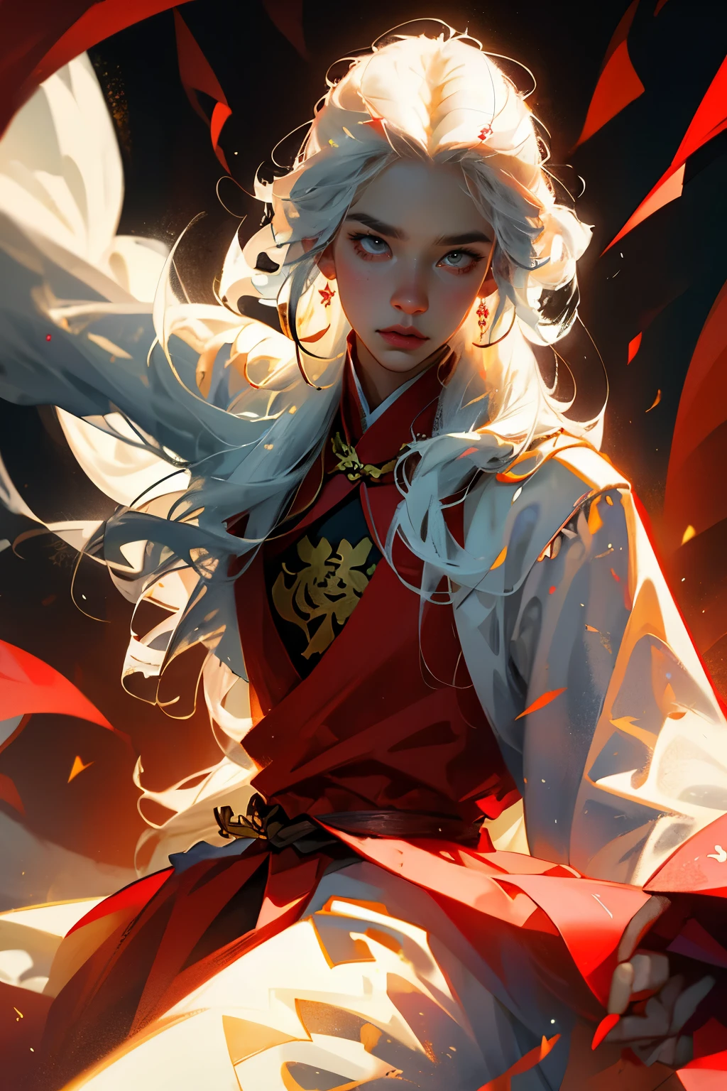 fantasy, asia, dynamic pose, gorgeous man, beautiful lord, man about 30 years old, with long white hair, in white Hanfu with scarlet patterns, mysterious look, flame on the background, hd