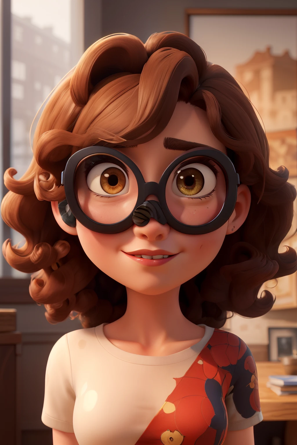 ((best quality)), ((oeuvre d'art)), (detailed), Visage metisse, femme, age 30 years, curly brown hair, yeux marrons, lunettes rondes, super hero