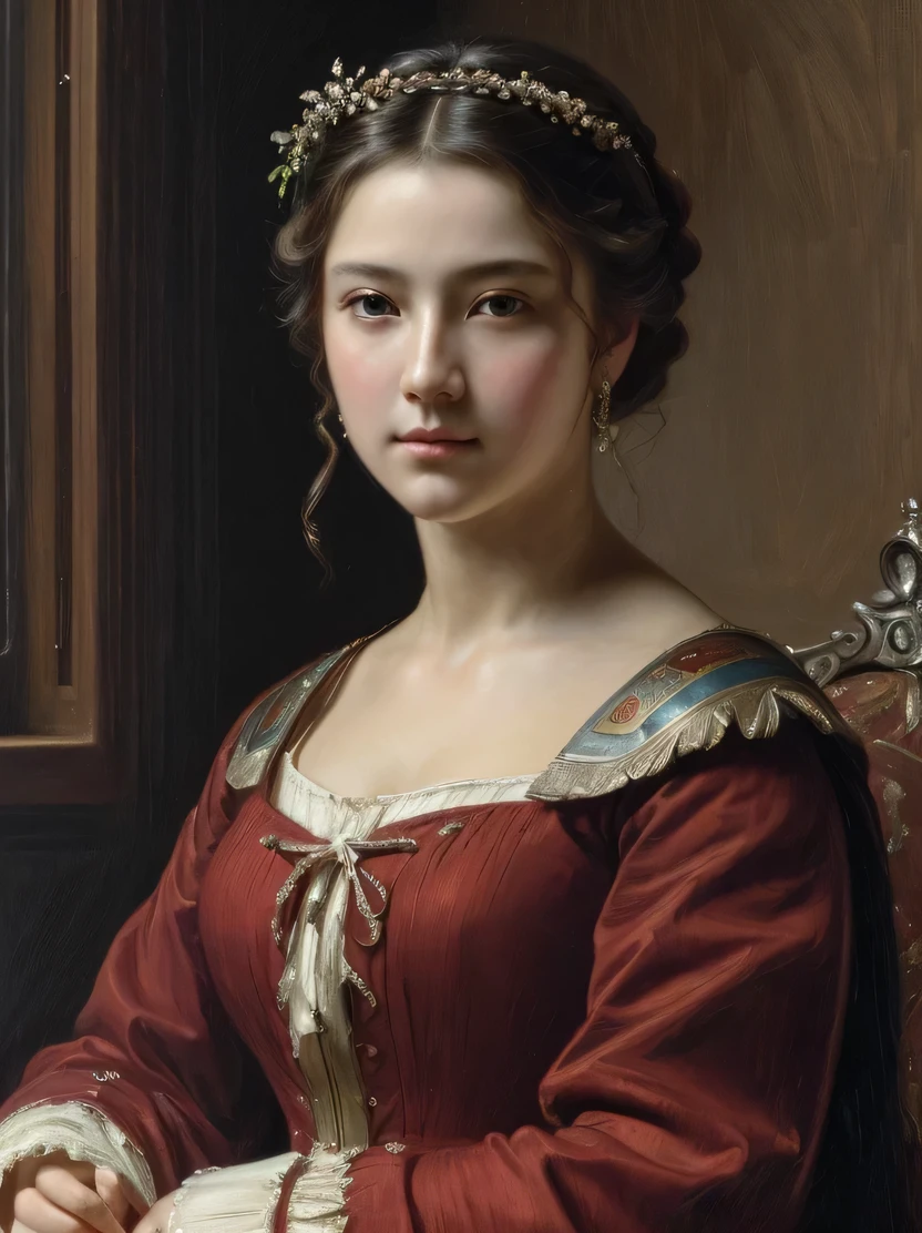 ((masterpiece、highest quality、Super detailed、High resolution、sharp focus、cinematic lighting))、(1 female、middle shot、face light))、western girl portrait、noble clothes、middle ages、Classicism、analog、realistic painting、Fine art、oil on canvas、original character、focus on face、Detailed depiction of hands、((view audience))