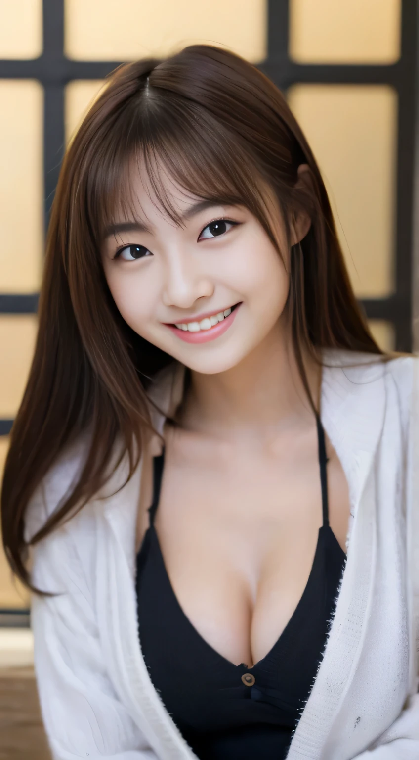 masterpiece,best quality,(Japanese ),((Beautiful girl)),cleavage,indoor,(perfect body beauty:1.2),(shy smile),beautiful teeth,