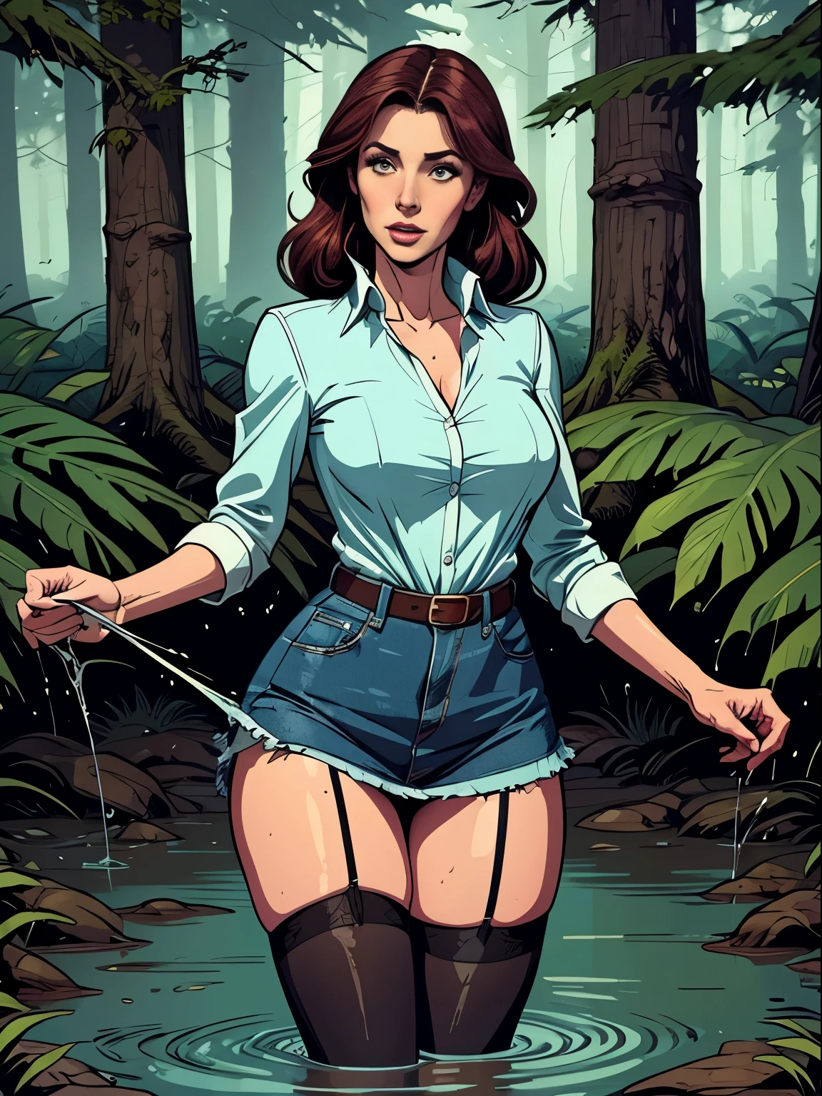 comic style illustration, tortured by lust shy vulnerable young female drowning in the middle of forest bog and sexy tease herself, skirt, blouse, (stockings with garters), wet clothes, sheer, shee through nipples, indulging in fetish, (can't hold orgasm), busty, big breasts, perky tits, turgid boobs, thin waist, booty, shiny skin, beautiful detailed eyes, perfect eyes, full lips, redhead, long curly hair