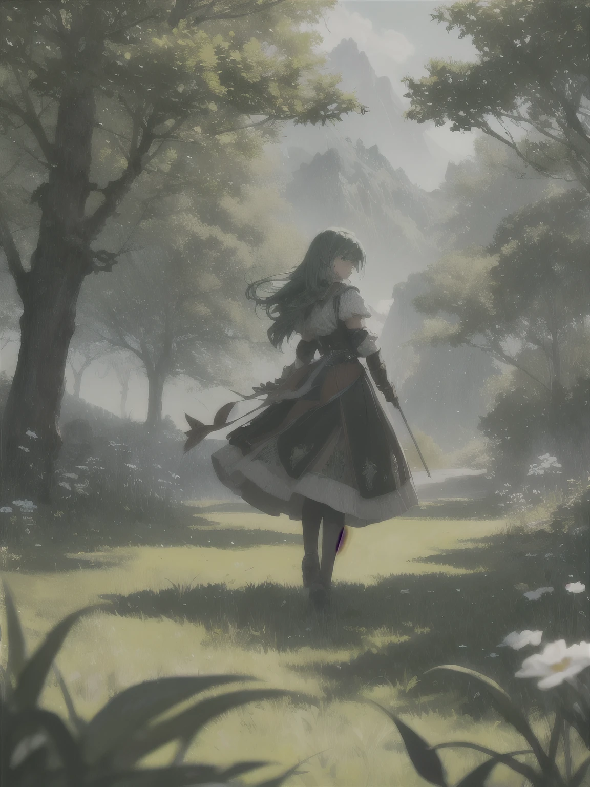 In a green meadow stands a girl leading a group of knights.
BREAK
With a brave expression, she guides them towards their destination.
BREAK
Behind her, a green forest stretches out and beyond that, mountains rise in the distance.
BREAK
The most suitable effect for this scene would be a watercolor painting technique to capture the softness of the meadow and the fluidity of the movement.
