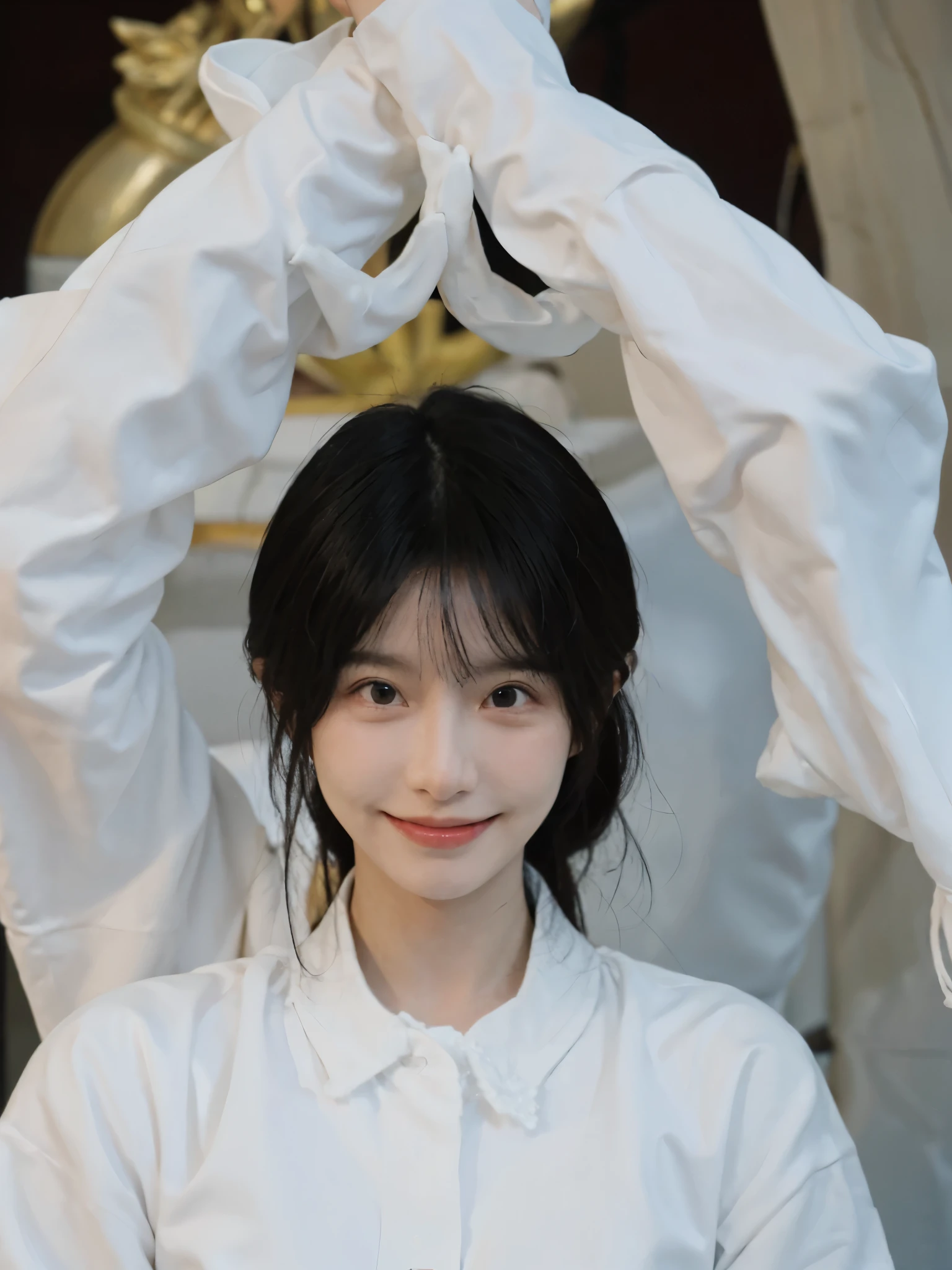 best quality，masterpiece，ultra high resolution，（realistically：1.4），1 girl，focus: 1.2, perfect body proportions: 1.4, (Smile), big watery eyes, Highly detailed facial and skin textures, narrow eyes, double eyelids, 美white肌肤, (black: 1.4), (white: 1.4),(JK style:1.4),
