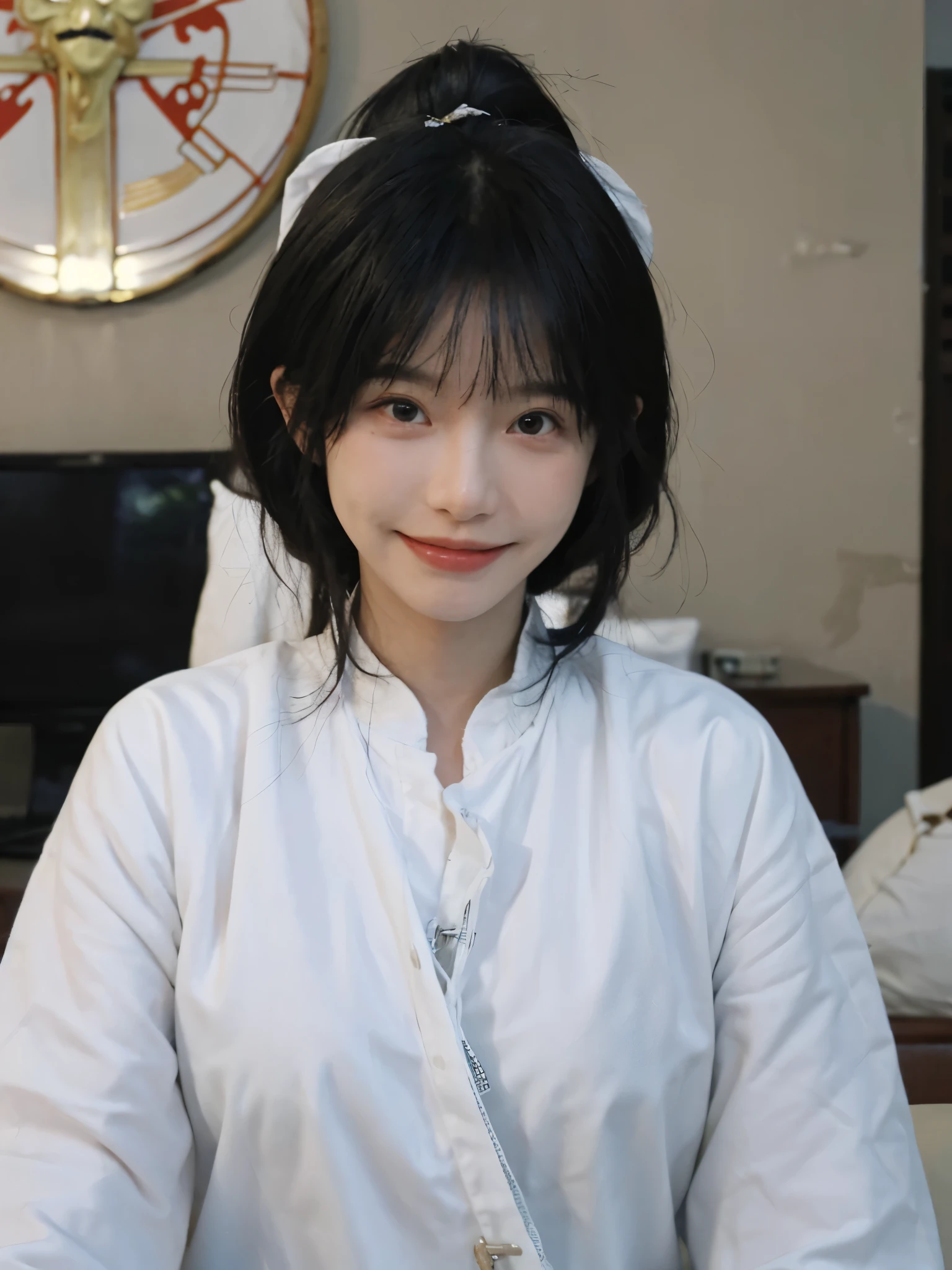 best quality，masterpiece，ultra high resolution，（realistically：1.4），1 girl，focus: 1.2, perfect body proportions: 1.4, (Smile), big watery eyes, Highly detailed facial and skin textures, narrow eyes, double eyelids, 美white肌肤, (black: 1.4), (white: 1.4),(JK style:1.4),