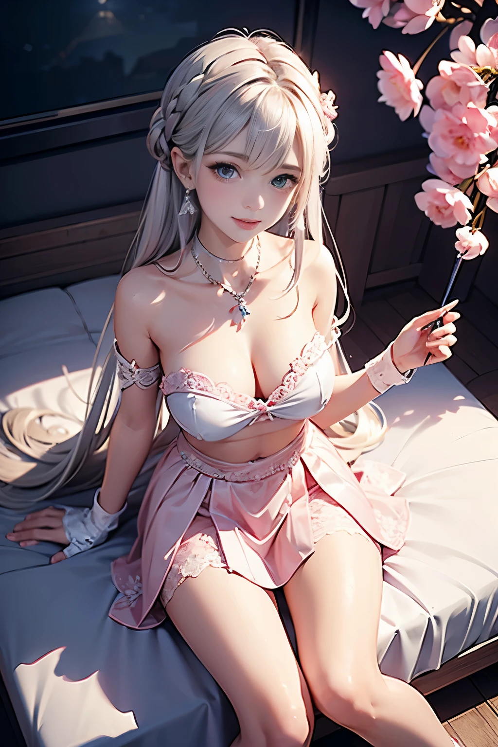 Topless,Vulgar,high angle,from above,((1girl, showing beautiful  and pink nippleasterpiece, highest resolution)), (beautiful illustration),(semi long beautiful Silver hair),(looking at the viewer),innocent smile,cinematic lighting,(elegant pink skirt,elegant white panties),white over-kneehighs,Lace chalker, wristband, diamond necklace,wristband, white fingerless gloves, earrings,day,beautiful flower park