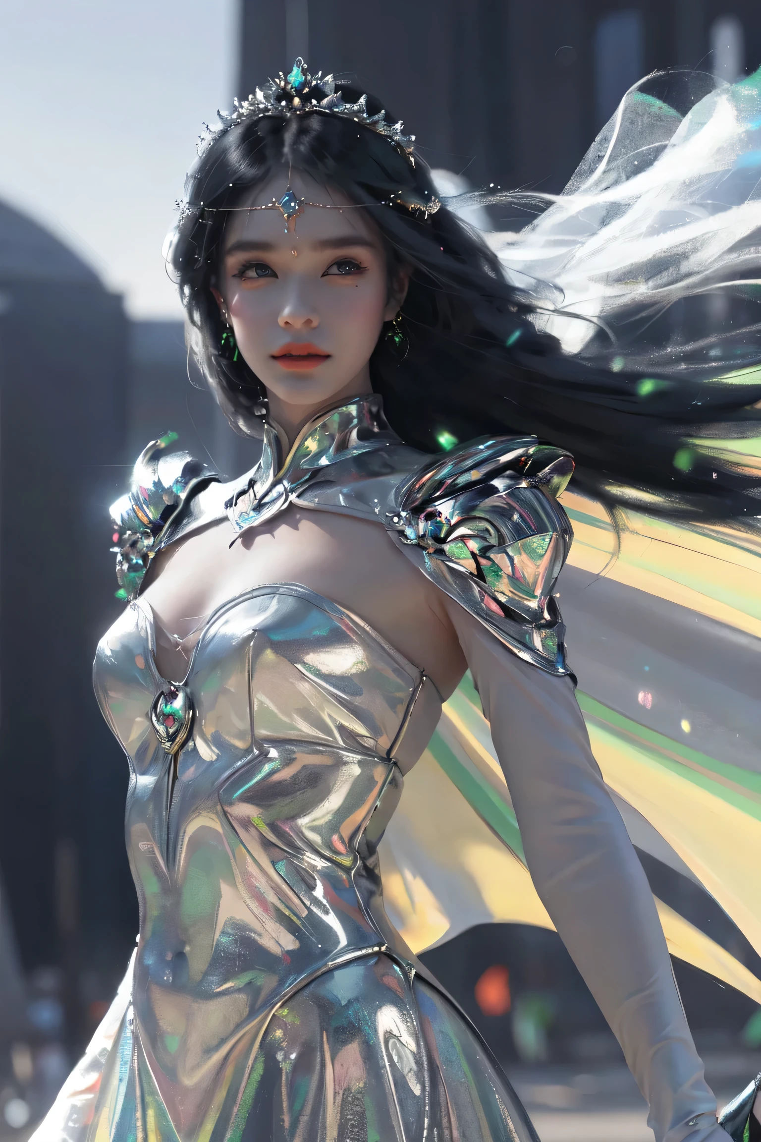 Fluorescent color, 1 girl, look to the side, pretty face, The eyes on the shoulders are beautiful: 1.2), Upper body, shiny hair, glowing skin, Reduce glare emissions, Finger proportions are coordinated, dark, View, dynamic angle, (((main part))), (((better quality))), ((Super detailed)), (illustration), (detail light), ((extremely delicate and beautiful)), dramatic_shadow, Rays_track, reflection, ultra high resolution, 一个女人在dark地方行走,Glittery snowflakes and small spots of light around, Your black hair is flying in the wind, Bright green eyes looking at red tulips,周围有shining butterflies, dark haired woman, woman in dark place,Full of light spots and sparkling snowflakes, shining butterflies, dark haired woman, Spots of light around woman, magical aura, green eyes, A supernatural aura, super magical aura black hair woman