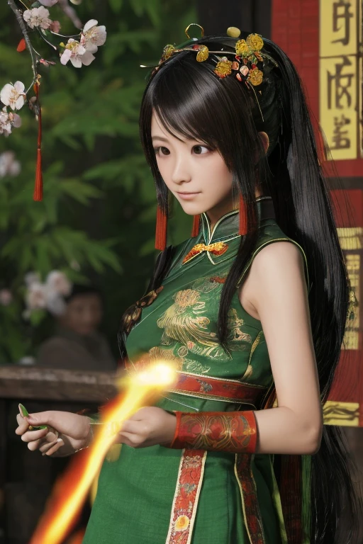 Guan Yinping,flame，combustion， happy, black发, brown eyes, hair accessories, hair flower, Green roof, looking at the audience, forest, Half body, holding card, black, eternal, 上Half body，Jiuzhaigou Valley，Cherry blossoms