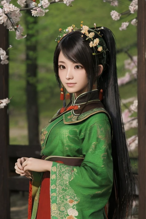 Guan Yinping,flame,combustion, happy, black发, brown eyes, hair accessories, hair flower, Green roof, looking at the audience, forest, Half body, holding card, black, eternal, 上Half body,Jiuzhaigou Valley,Cherry blossoms