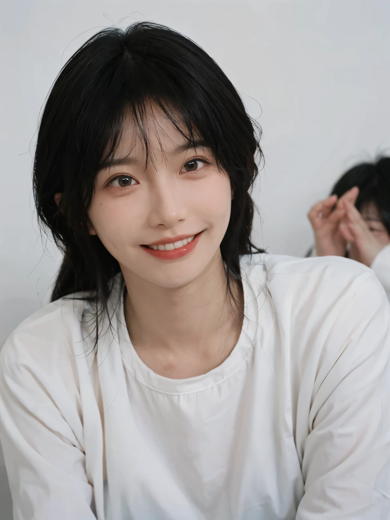 best quality，masterpiece，ultra high resolution，（realistically：1.4），1 girl，focus: 1.2, perfect body proportions: 1.4, (Smile), big watery eyes, Highly detailed facial and skin textures, narrow eyes, double eyelids, 美white肌肤, (black: 1.4), (white: 1.4),(JK style:1.4),