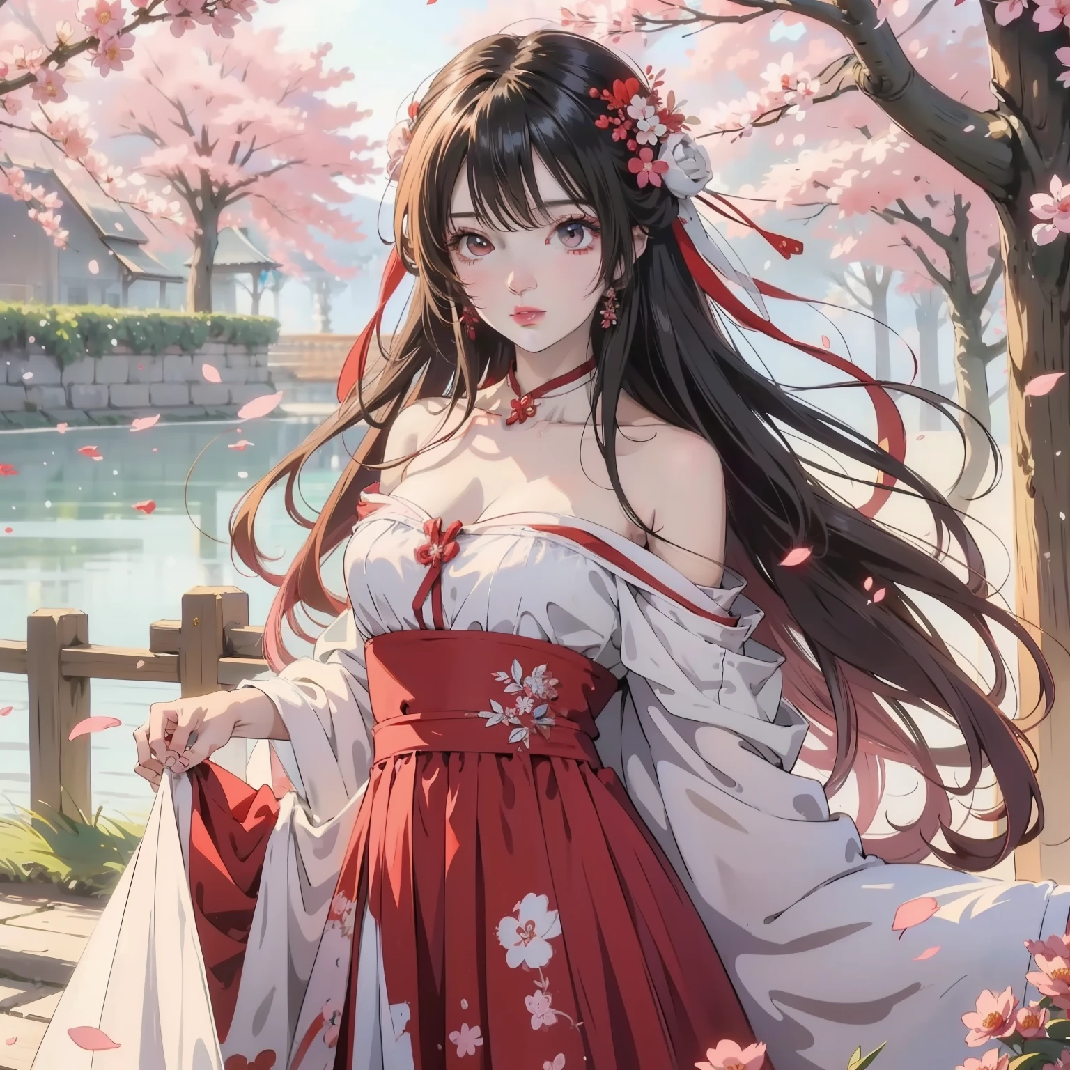 Anime girl wearing red and white skirt，There is a pink flower on the hair, Beautiful anime girl, Cute anime waifu wearing beautiful clothes, Beautiful anime portrait, Beautiful anime woman, Beautiful anime, beautiful figure painting, Beautiful anime artwork, anime long hair girl, Beautiful charming anime woman, Beautiful anime art, beautiful anime girl, Sakura petals surround her, Attractive anime girl