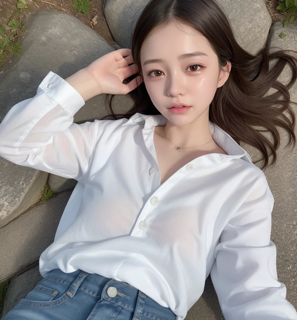 A crying girl,20 years old,Wear a soaked white shirt,jeans,Lie on your back on the ground,is crying,burst into tears,Crying out loud,Have a delicate face,Eyes are very delicate,top view,The photo quality is the best,Lifelike image quality,Background diffuse lighting,Depth of field display。forest