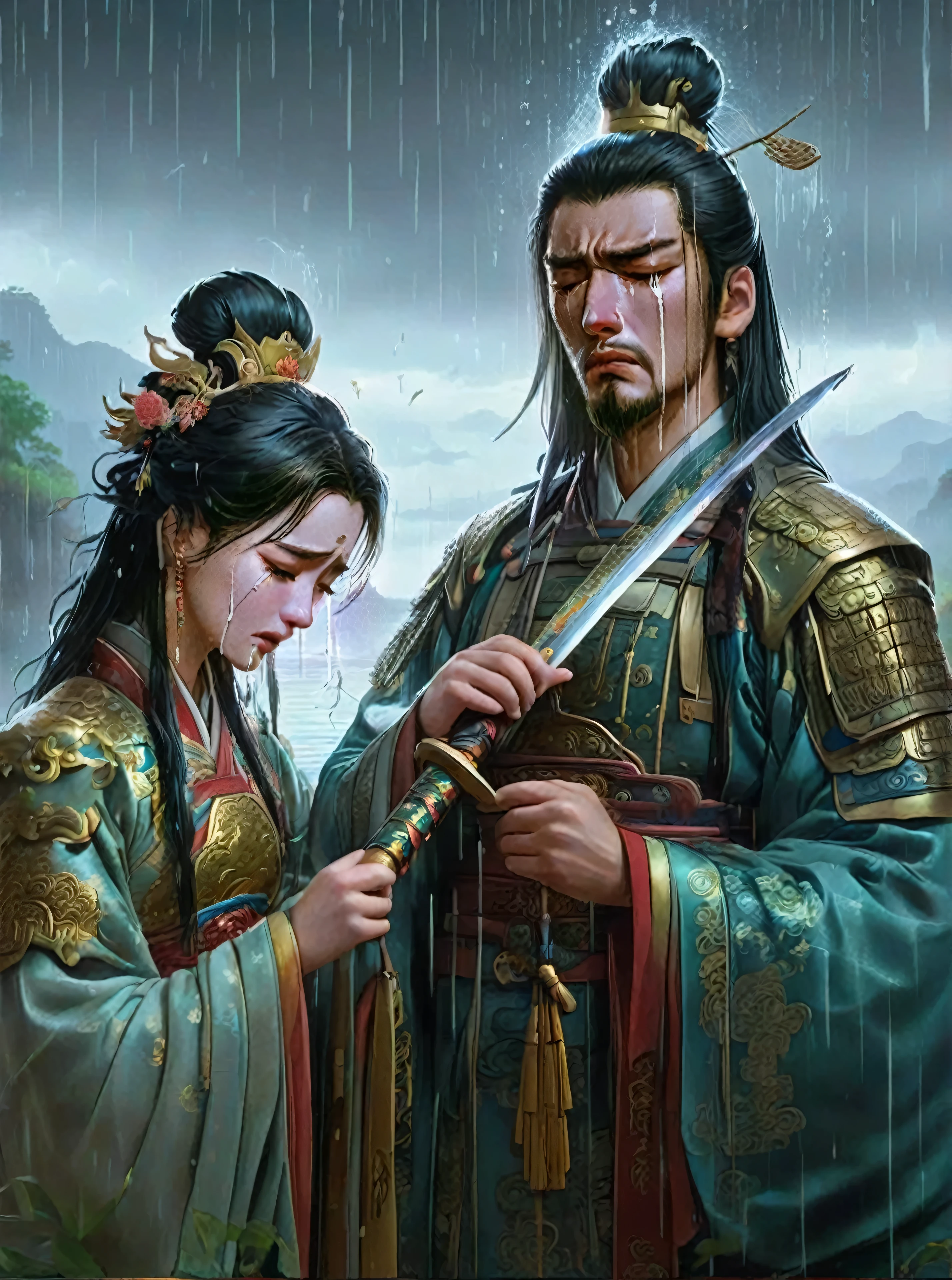 Depicts a scene of an ancient Chinese general standing by a river with his beautiful concubine, Both of them burst into tears, reflects deep sadness. ((The general has a sword around his neck)), Symbolizes moments of despair, And the princess burst into tears next to him. The poignant scene took place against a backdrop of pouring rain, Emphasizing the tragedy of their love and the emotional depth of their farewell. History background, Chinese traditional clothing, Emotional expressions should all help vividly depict their tears, heartbreaking moment.