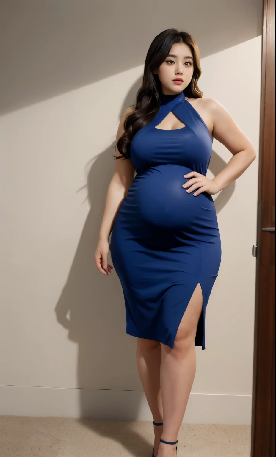 Chubby woman with fat belly and tight thighs, full body, 20-year-old woman, huge pregnant, thick hips, thick neck, thick chest, big eyes, wearing a longest dress