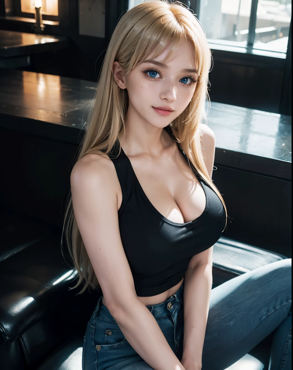 1girl, (Blue Eyes), (smiling :1.2), (Sana Minatozaki), (beautiful makeup :1.2), (close-up of face :1.4), wide hips, Big tits, (big ass), (Best Quality, 8k, Masterpiece: 1.3), Clear Focus: 1.2, Perfect Body Beauty: 1.4, Highly detailed face and skin texture, detailed eyes, double eyelids, (glossy lips), (blond long hair whit bangs), (black tanktop), (jeans), sitting, in a bar on the street