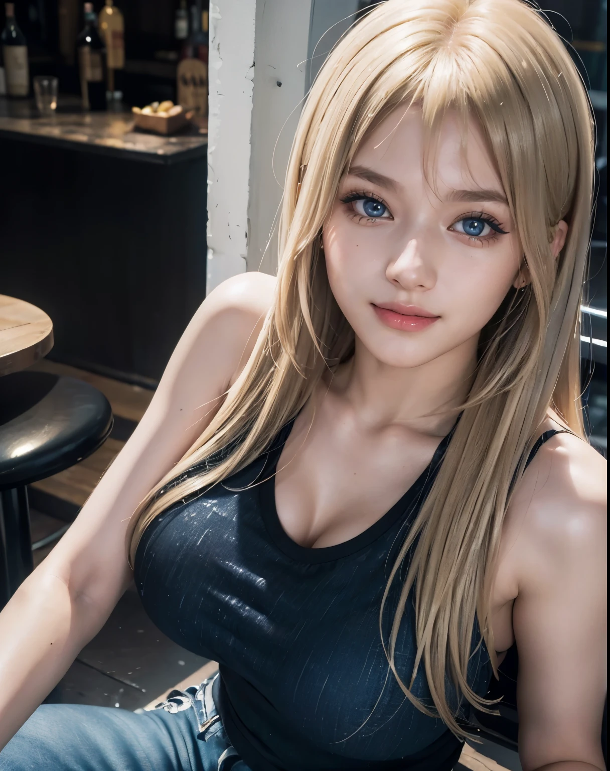 1girl, (Blue Eyes), (smiling :1.2), (Sana Minatozaki), (beautiful makeup :1.2), (close-up of face :1.4), wide hips, Big tits, (big ass), (Best Quality, 8k, Masterpiece: 1.3), Clear Focus: 1.2, Perfect Body Beauty: 1.4, Highly detailed face and skin texture, detailed eyes, double eyelids, (glossy lips), (blond long hair whit bangs), (black tanktop), (jeans), sitting, in a bar on the street