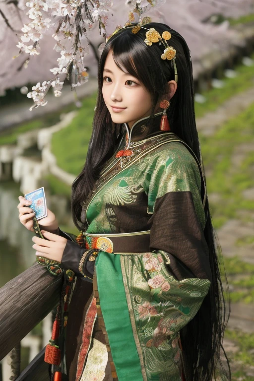 Guan Yinping, happy, black发, brown eyes, hair accessories, hair flower, Green roof, looking at the audience, forest, Half body, holding card, black, eternal, 上Half body,Jiuzhaigou Valley,Cherry blossoms,river,next to willow tree
