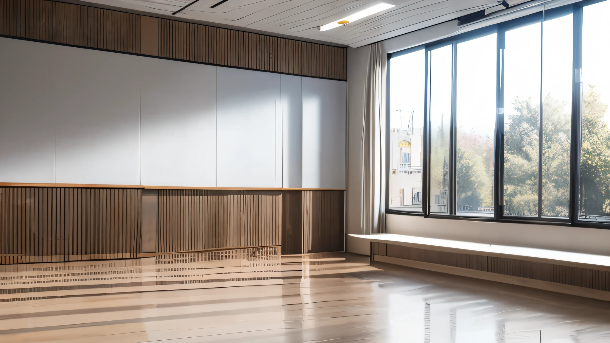 surreal scene，4K，Bright and empty classroom，indoor lighting，No table and chairs，Cabinets on the back wall，Ultra wide angle focal length，warm light，No outdoor window lights