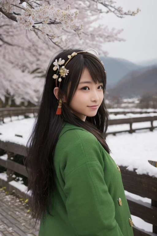 Guan Yinping, happy, black发, brown eyes, hair accessories, hair flower, Green roof, looking at the audience, forest, Half body, holding card, black, eternal, 上Half body，Cherry blossoms,river,An umbrella,snow,Flowers falling