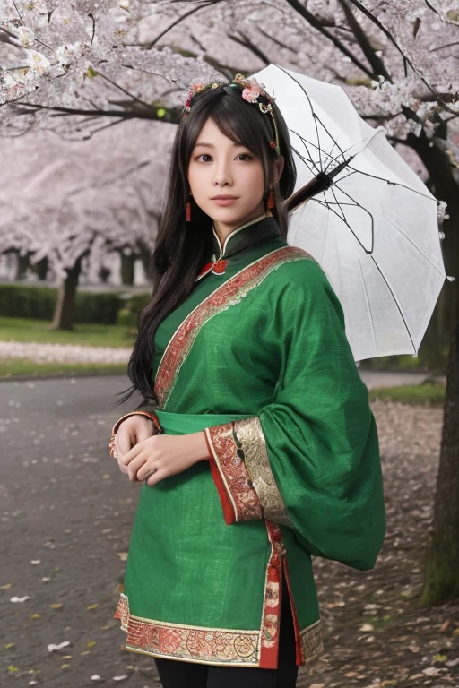 Guan Yinping, happy, black发, brown eyes, hair accessories, hair flower, Green roof, looking at the audience, forest, Half body, holding card, black, eternal, 上Half body，Cherry blossoms,river,An umbrella,snow,Flowers falling