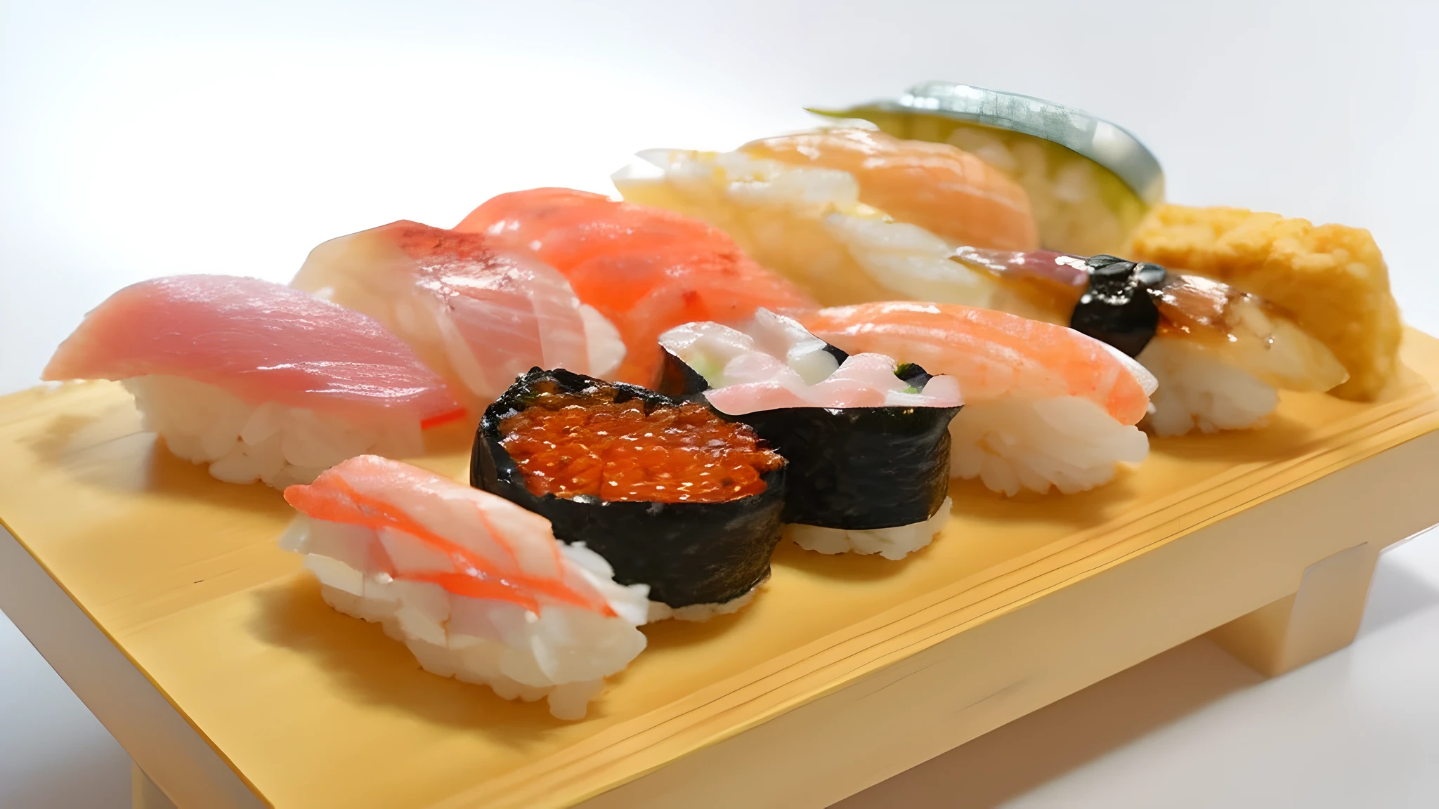 there is a wooden tray with sushi and other sushi on it, sushi, japanese fusion cuisine, asao urata, style of shuzo oshimi, momoshiki ōtsutsuki, eating sushi, kantoku, iwakura, ukiyo, shinkai, yoshiku, ukiyo-style, japanese, by Nishida Shun'ei, sakuga