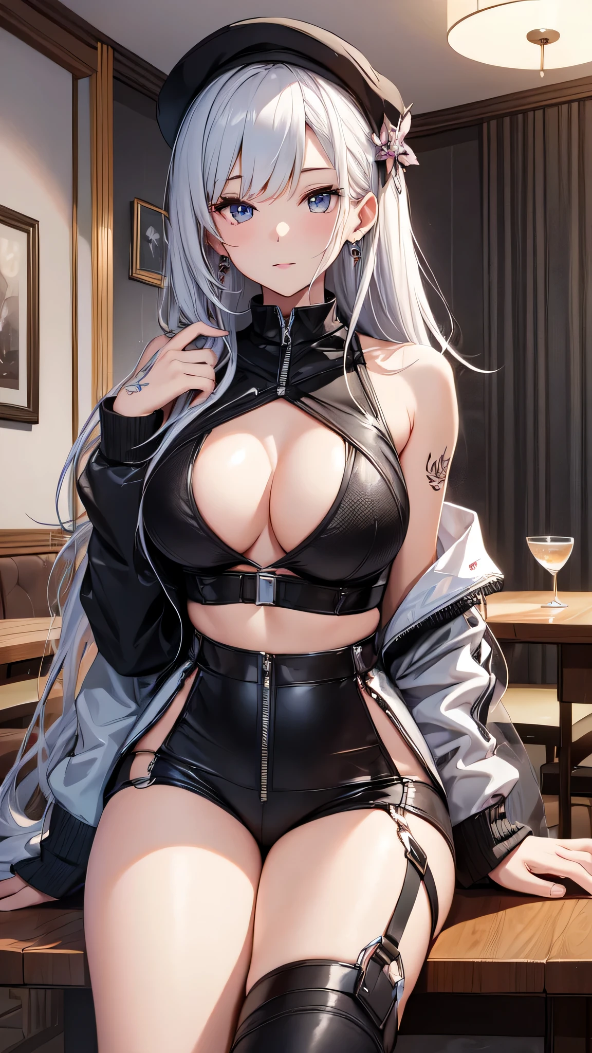 最high quality、best image quality、masterpiece、girl((20-year-old、 By becoming、vest bust、medium bust,wide open breast tea、shining eyes, silver hair、long hair、thin,highest valley、black sports bra、black sports pants、shoulder tattoo,diamond earrings、Wristband、black jacket)),high quality、beautiful art、background((Beautiful hotel room,table、serial、milk))、Flight、debris flies、Depth of written boundary、movie、visual art、perfect art、8K,genuine、Dynamic Performance
