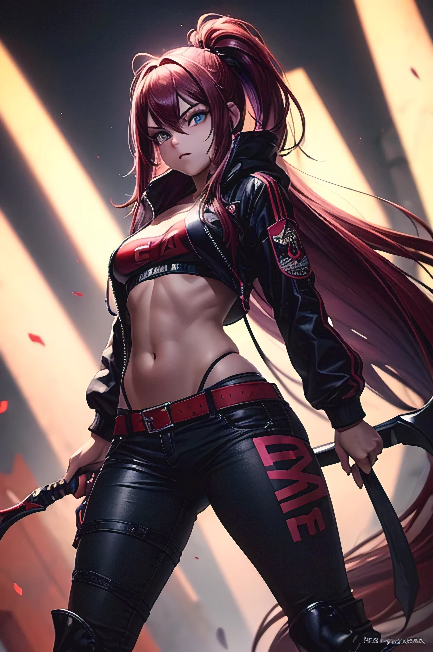 high resolution, Mejor calidad, extremadamente detallado, guerrera femenina, sudadera, pantalones negros, zapatos, neon crimson eyes, figura esbelta, espada, Color morado, (foto de cuerpo completo:1.2)