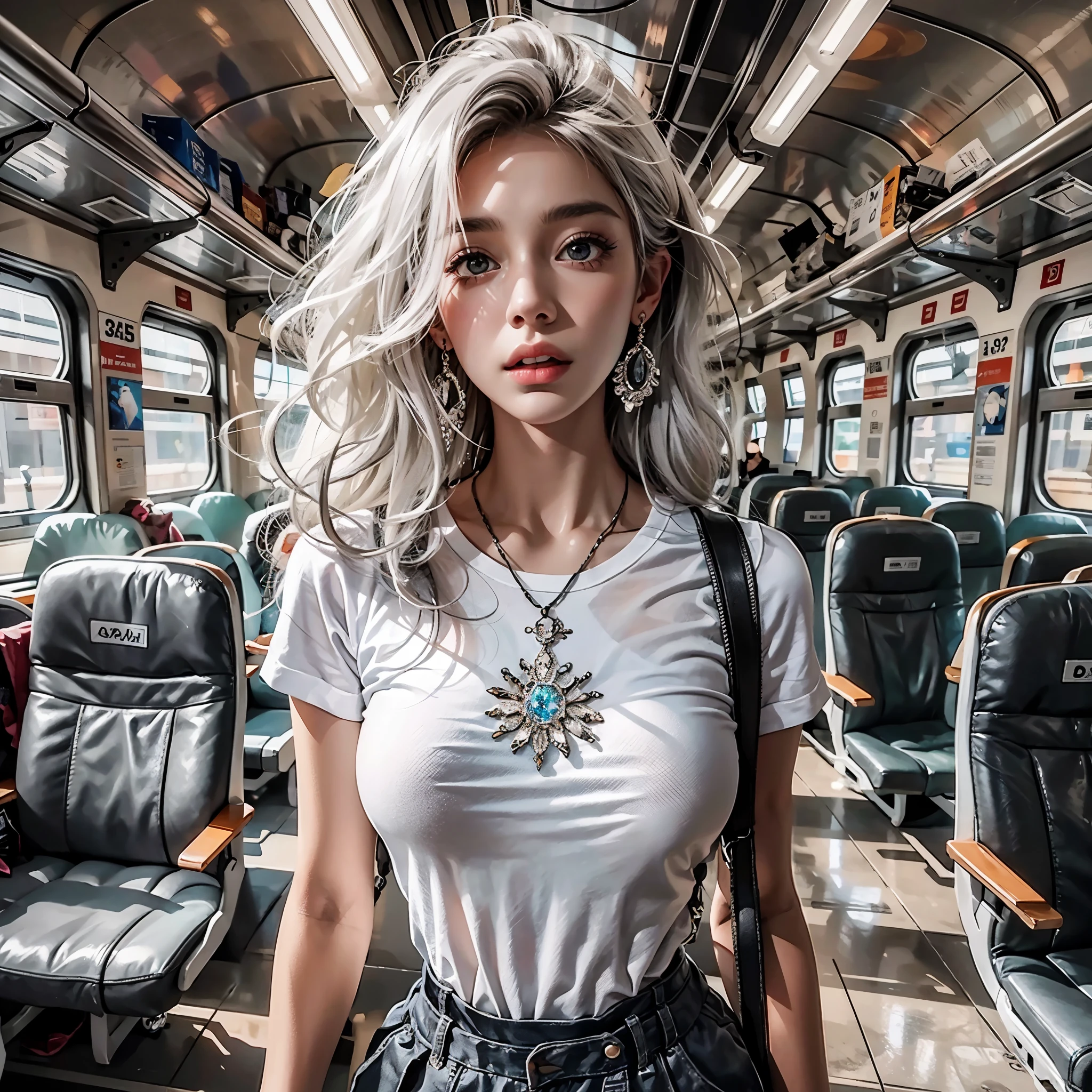 nfsw,Realistic, photo, photo real, 16k, 8k, best quality, masterpiece, ultra-detiled, rawphoto, digital fashion art、T-shirt with precious white and black、Fashion Model、gray haired white woman、sitting in an empty train、digital art
//Character
BREAK
1girl, fashion model, 22 years old, Tightened all body,(medium Breasts:1.4), (small head, small face:1.2), small mouth, diamond Face, small nose, Sharp Faceline, big eyes, dropy eyes, Double eyelid, Light color eyes, Glossy eyes, Shiny eyes, Shiny skin, beautiful shiny hair, Glossy Lips,