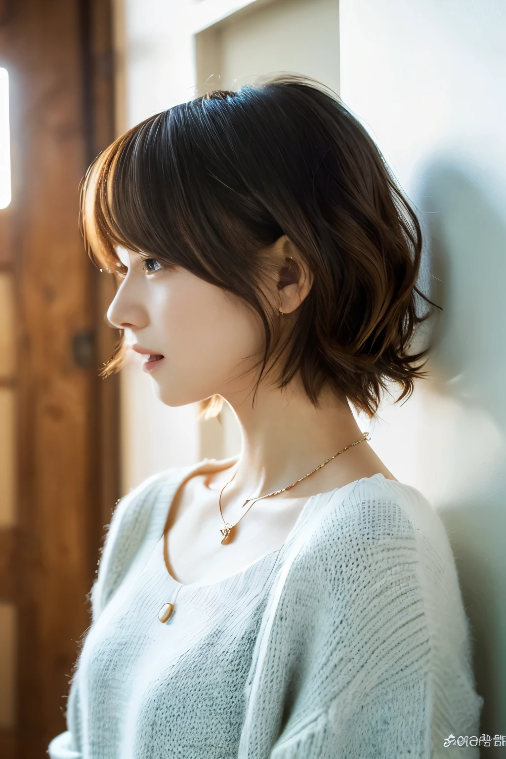 (top-quality、8K、32K、masterpiece、nffsw:1.2)、cute little日本人女性の写真、large full breasts、very short bobbed hair、The upper part of the body、sface focus、Oversized_Sweaters、a necklace、simple background、From above、looking at the viewerix4、(8K、Raw photography、top-quality、masterpiece:1.2)、(realisitic、Photorealsitic:1.37)、1girl in、cute little、profetional lighting、photon maping、physically-based renderingt、Gradient Brunette Hair、short curly hair、a handsome、Girly、superior image quality、hight resolution、1080p、(Clear face)、(Detailed face description)、(Detailed hand description)、(masuter piece)、(Exquisite CG)、 extreme light and shadows、hair messy、masterpiece、lush detail、(Exquisite facial features)、(The highest image quality)、(masterpiece)、(A detailed eye)、Looking forward to your eyes、Delicate collarbones、Poses variadas、don't watch mela、profile、white walls、Taken in front of the white door、(white walls room with window)、Autumn clothes、Winter clothes、simple a necklace、light blue knit