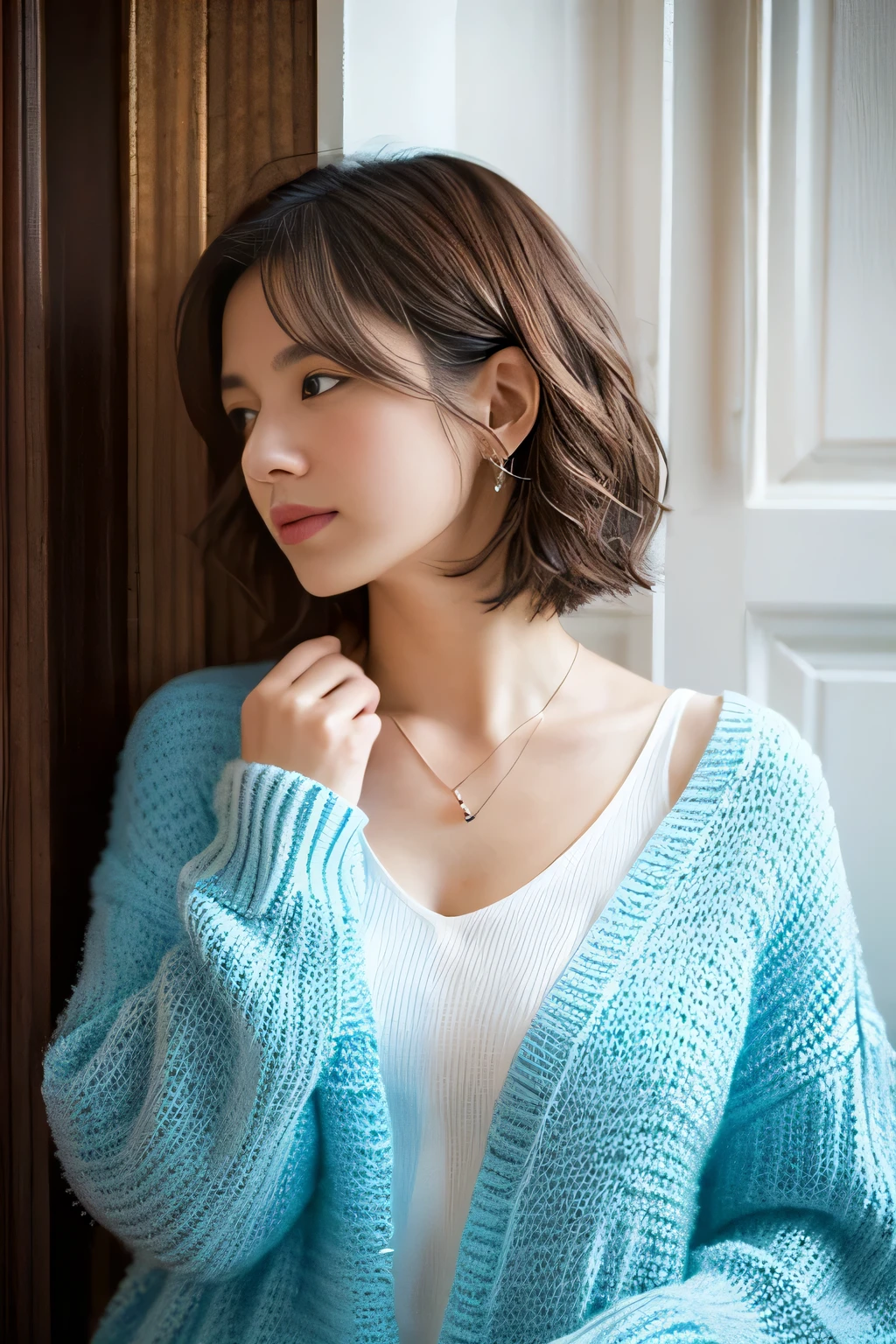 (top-quality、8K、32K、​masterpiece、nffsw:1.2)、cute little日本人女性の写真、large full breasts、very short bobbed hair、The upper part of the body、sface focus、Oversized_Sweaters、a necklace、simple background、From  above、looking at the viewerix4、(8K、Raw photography、top-quality、​masterpiece:1.2)、(realisitic、Photorealsitic:1.37)、1girl in、cute little、profetional lighting、photon maping、physically-based renderingt、Gradient Brunette Hair、short  curly hair、a handsome、Girly、superior image quality、hight resolution、1080p、(Clear face)、(Detailed face description)、(Detailed hand description)、(masuter piece)、(Exquisite CG)、 extreme light and shadows、hair messy、​masterpiece、lush detail、(Exquisite facial features)、(The highest image quality)、(​masterpiece)、(A detailed eye)、Looking forward to your eyes、Delicate collarbones、Poses variadas、don&#39;t watch mela、profile、white walls、Taken in front of the white door、(white walls room with window)、Autumn clothes、Winter clothes、simple a necklace、light blue knit