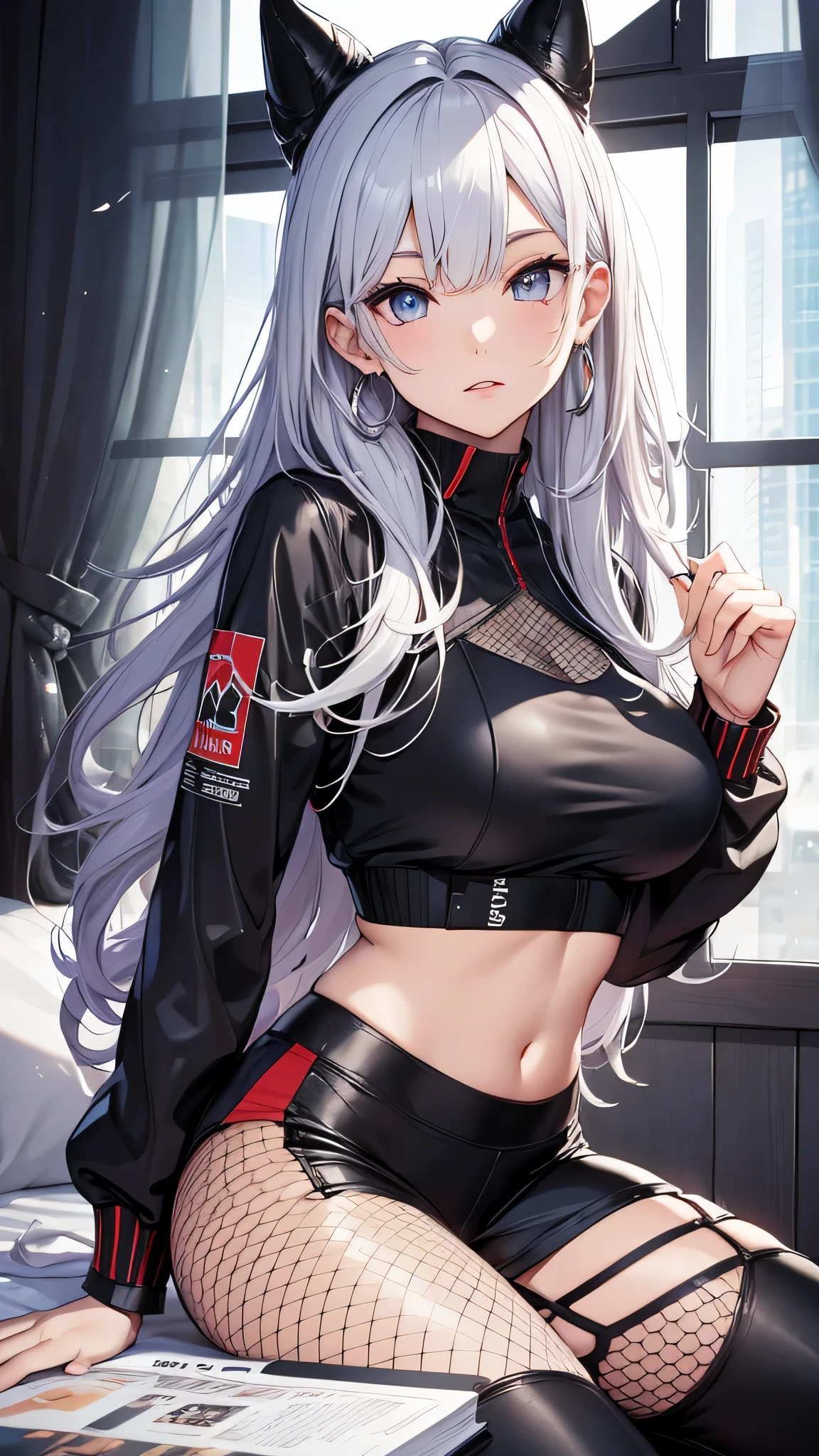 1girl, twintails,white hair,medium breasts,underboob,headphone,(masterpiece:1.4),(best quality:1.4),realistic