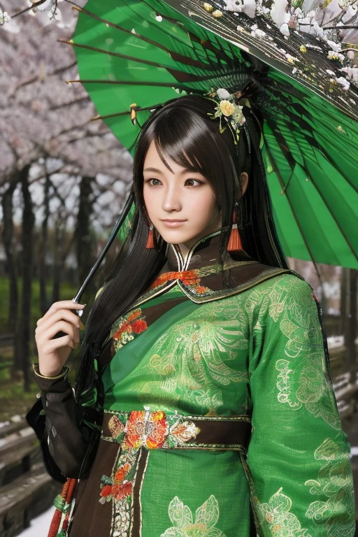 Guan Yinping, happy, black发, brown eyes, hair accessories, hair flower, Green roof, looking at the audience, forest, Half body, holding card, black, eternal, 上Half body，Cherry blossoms,river,An umbrella,snow,Flowers falling,pretty face