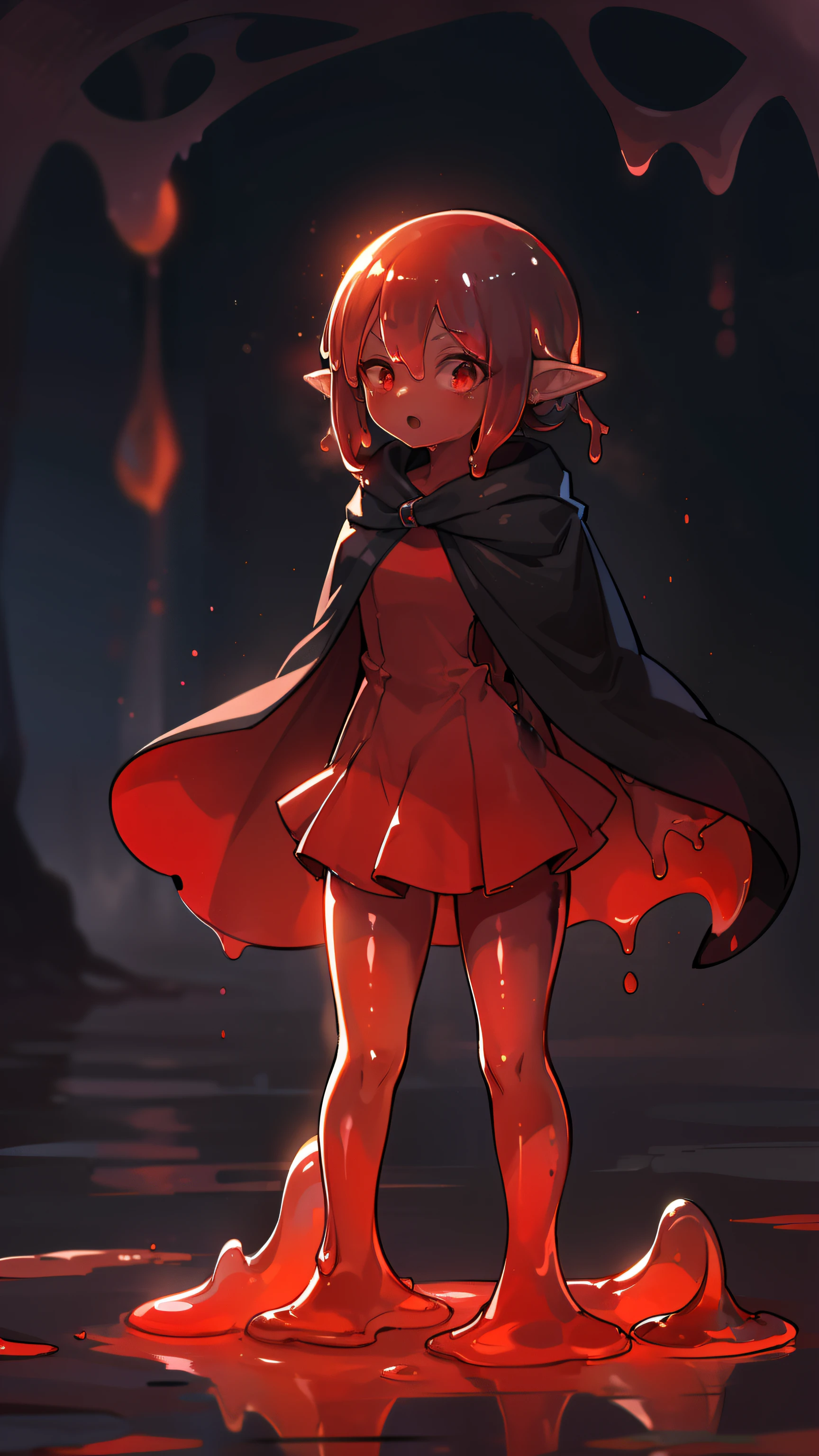 (high-quality, breathtaking),(expressive eyes, perfect face) 1girl, female, solo, adult, medium hair length, slime girl monster, dark grey and red colored skin, red eyes, shiny body, slime demon, slime skin, dress, cloak, pointy ears, multicolored, water like skin, standing up, pigtails
